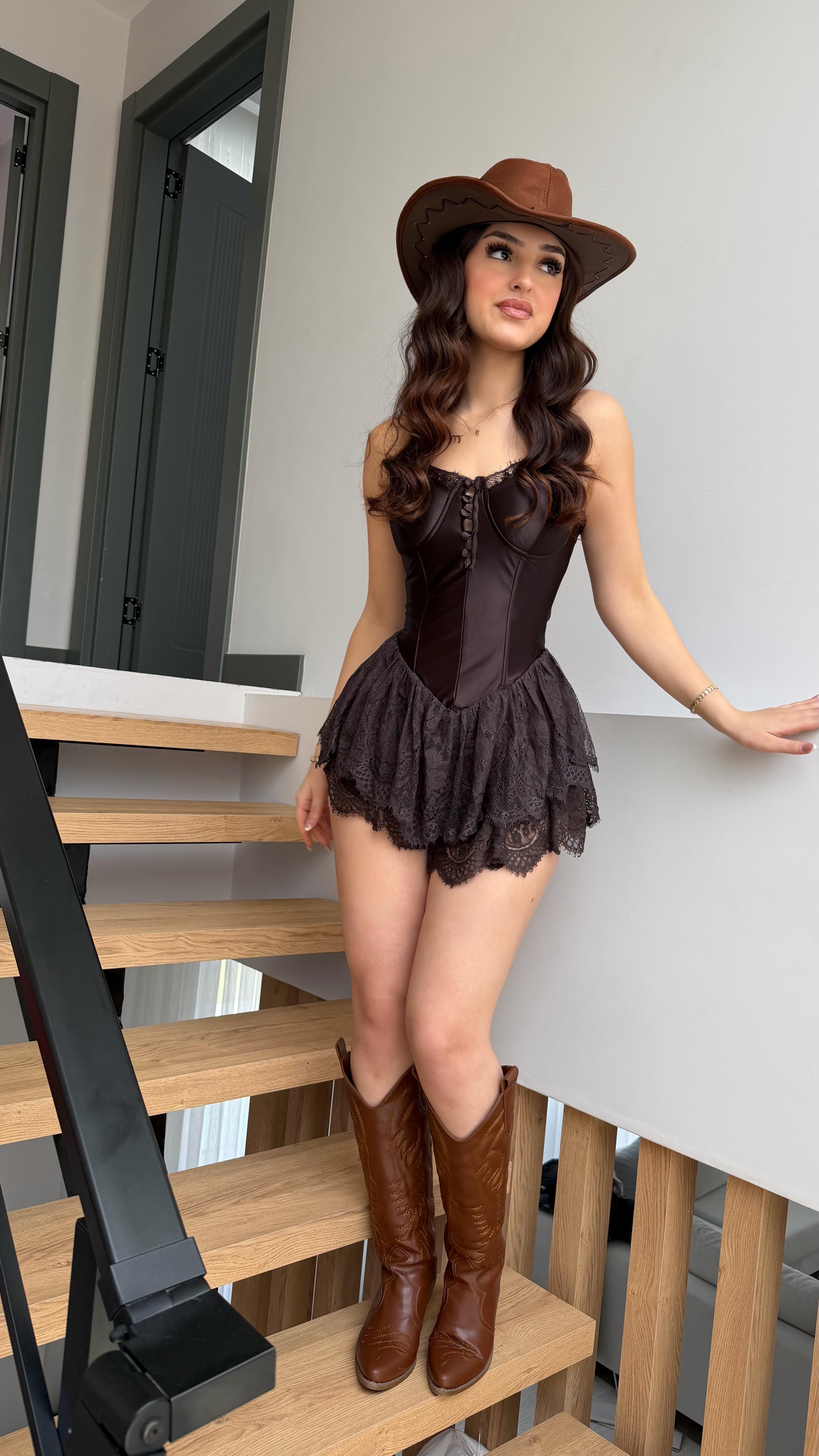 Saten Korse Dantel Şortlu Elbise Mini Kahverengi 