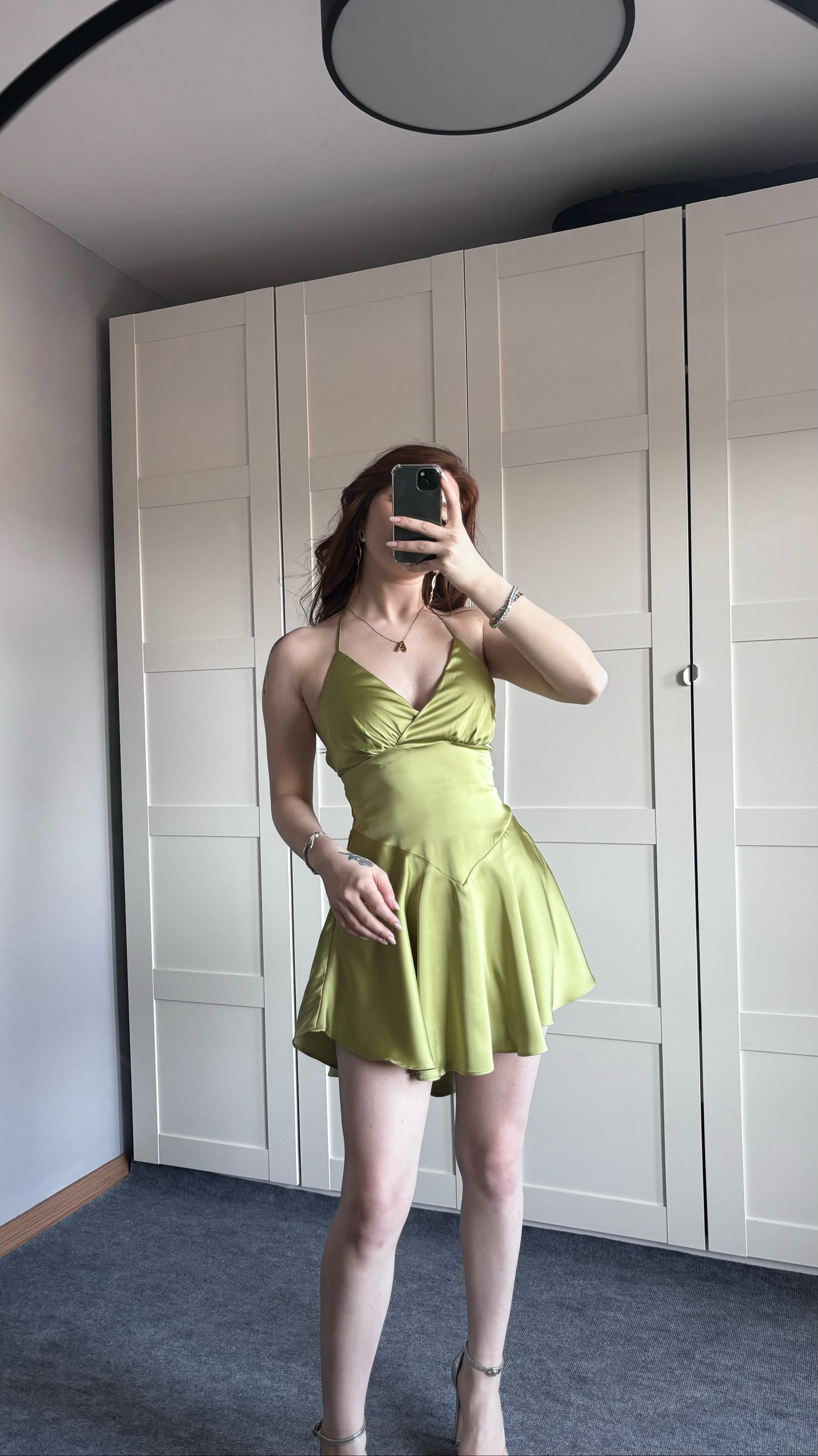 Saten Romantik Elbise Yağ Yeşili