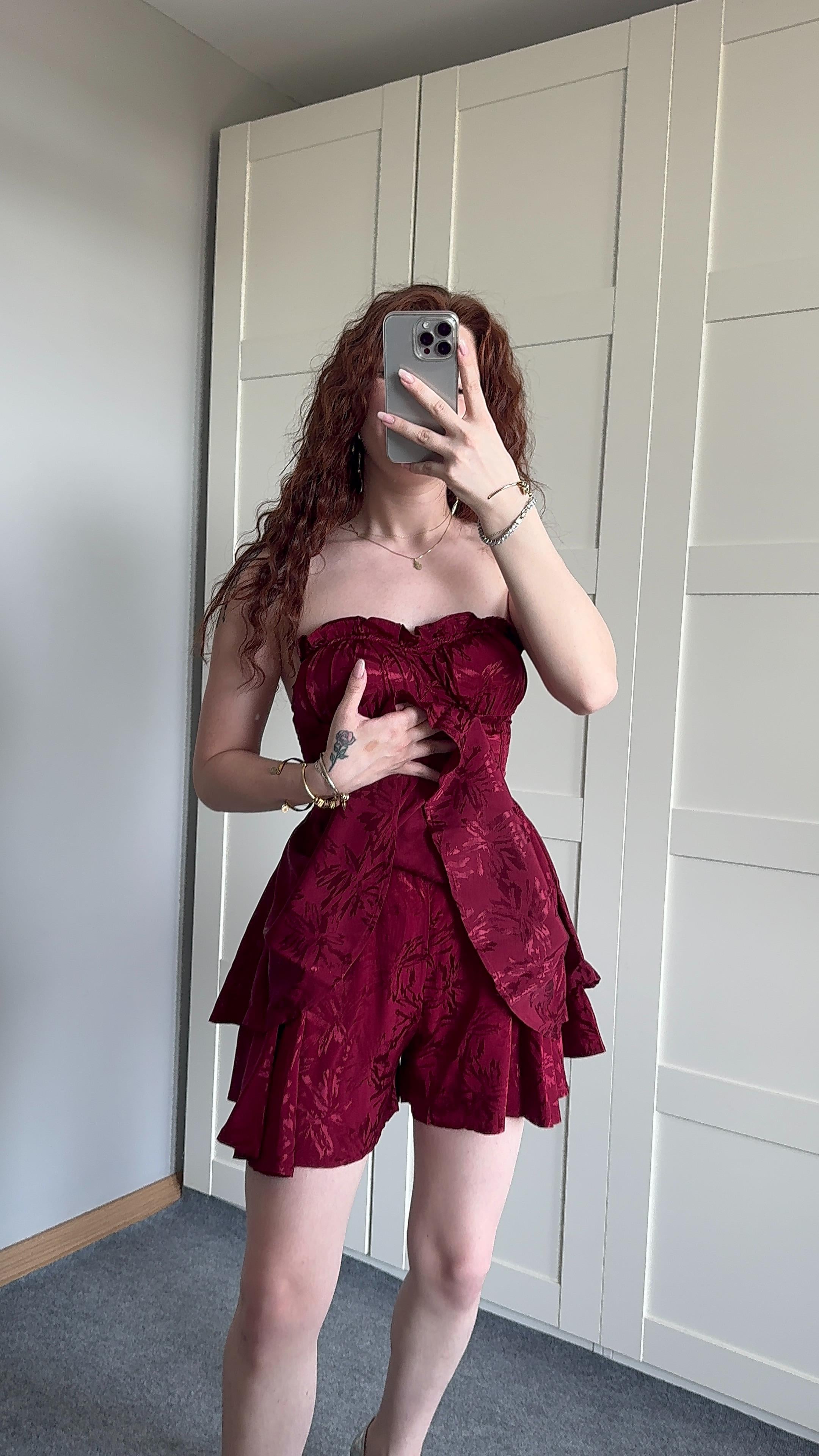 Saten Şortlu Bordo Elbise