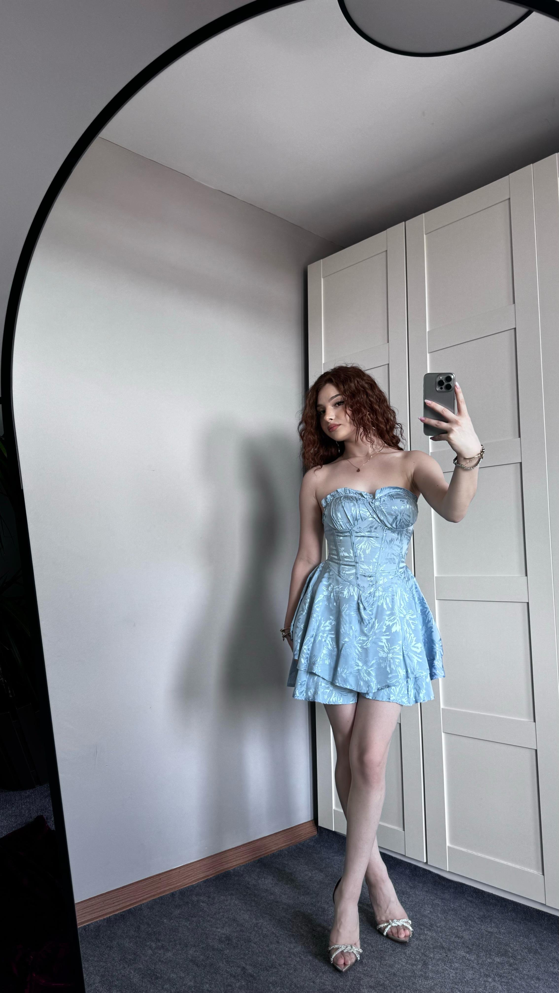 Saten Şortlu Mavi Elbise