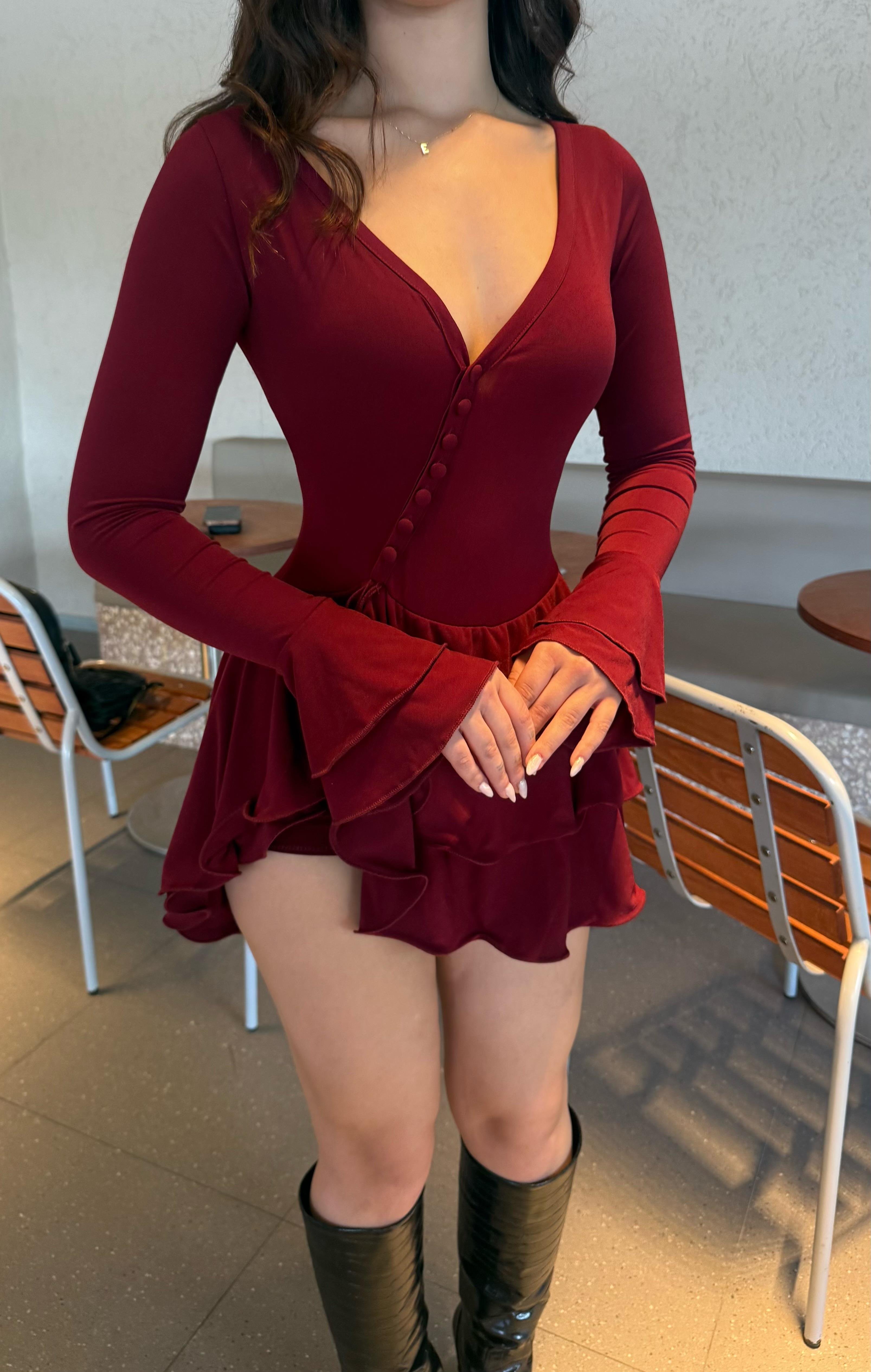 Scarlet Mini Sandy Şortlu Elbise Bordo