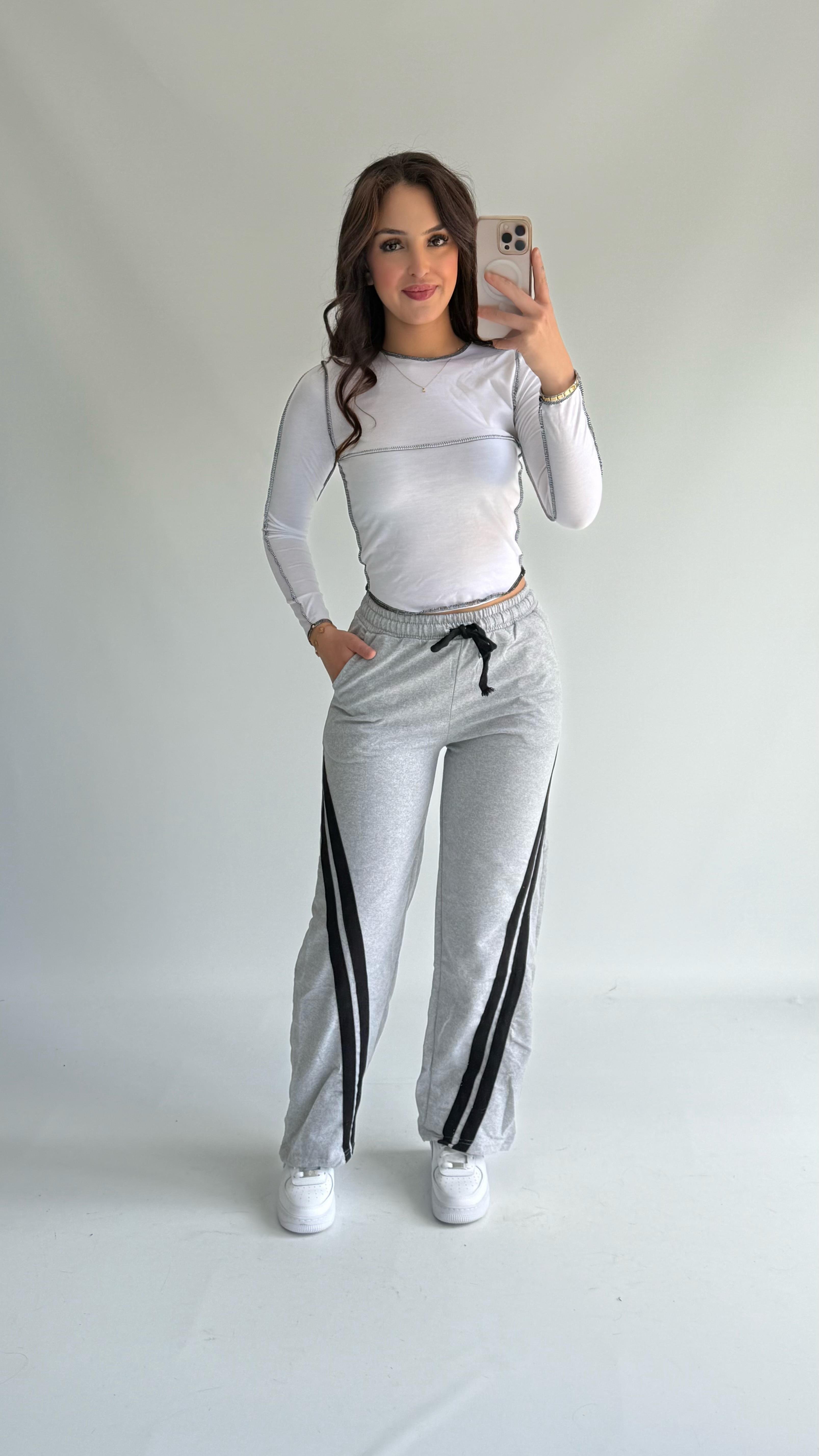 Şeritli Pamuklu Eşofman Gri