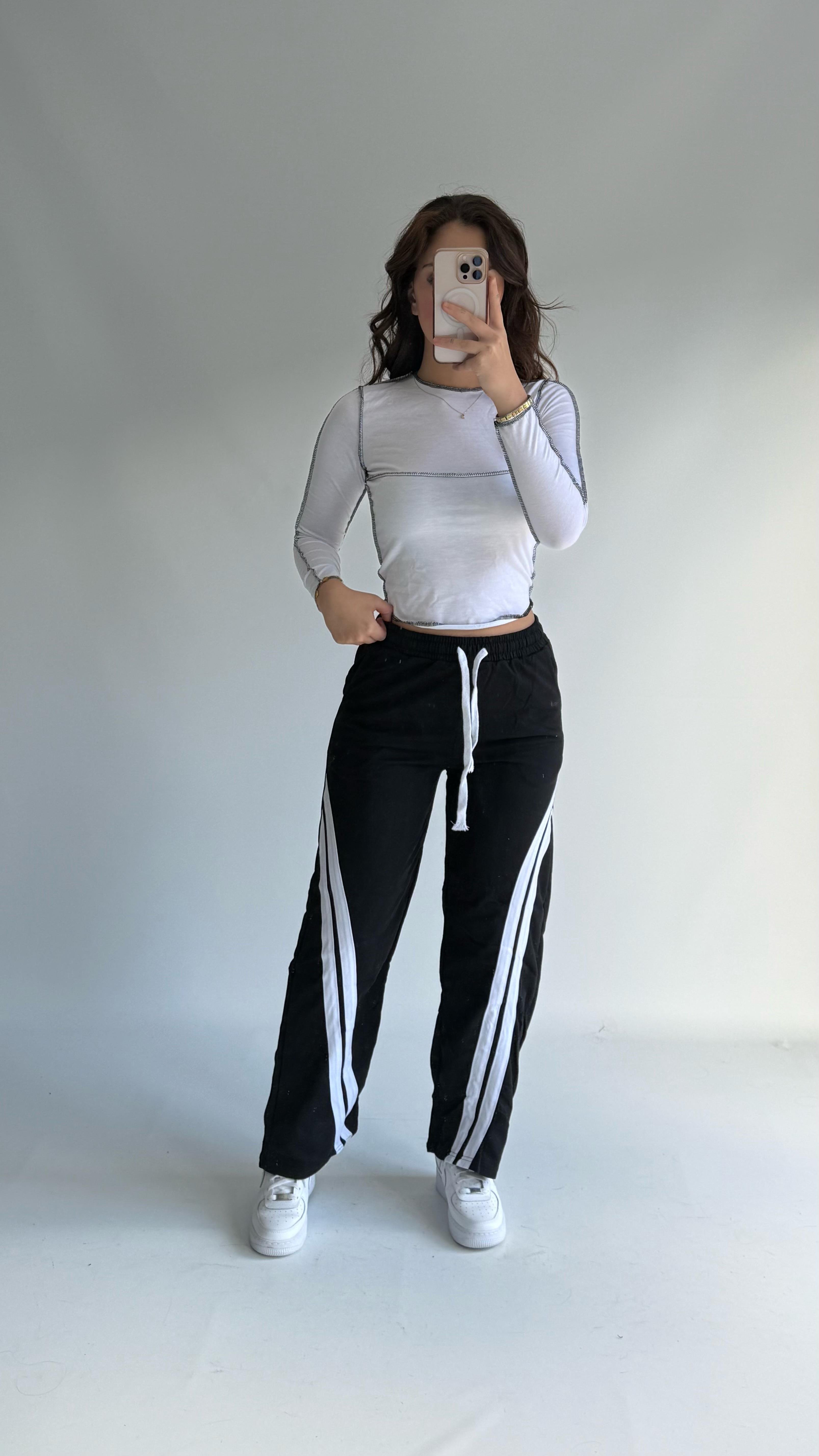 Şeritli Pamuklu Eşofman Siyah