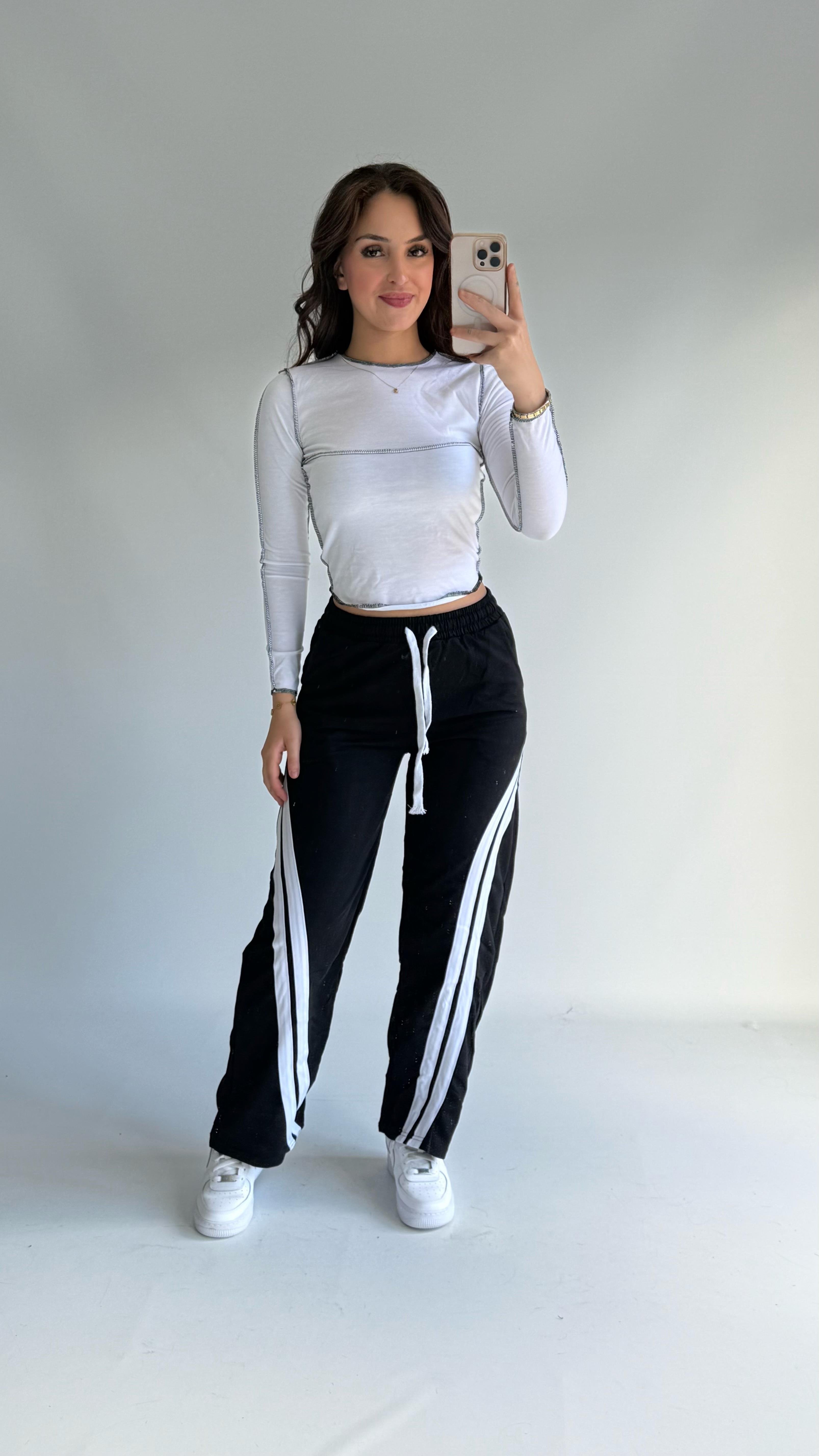 Şeritli Pamuklu Eşofman Siyah