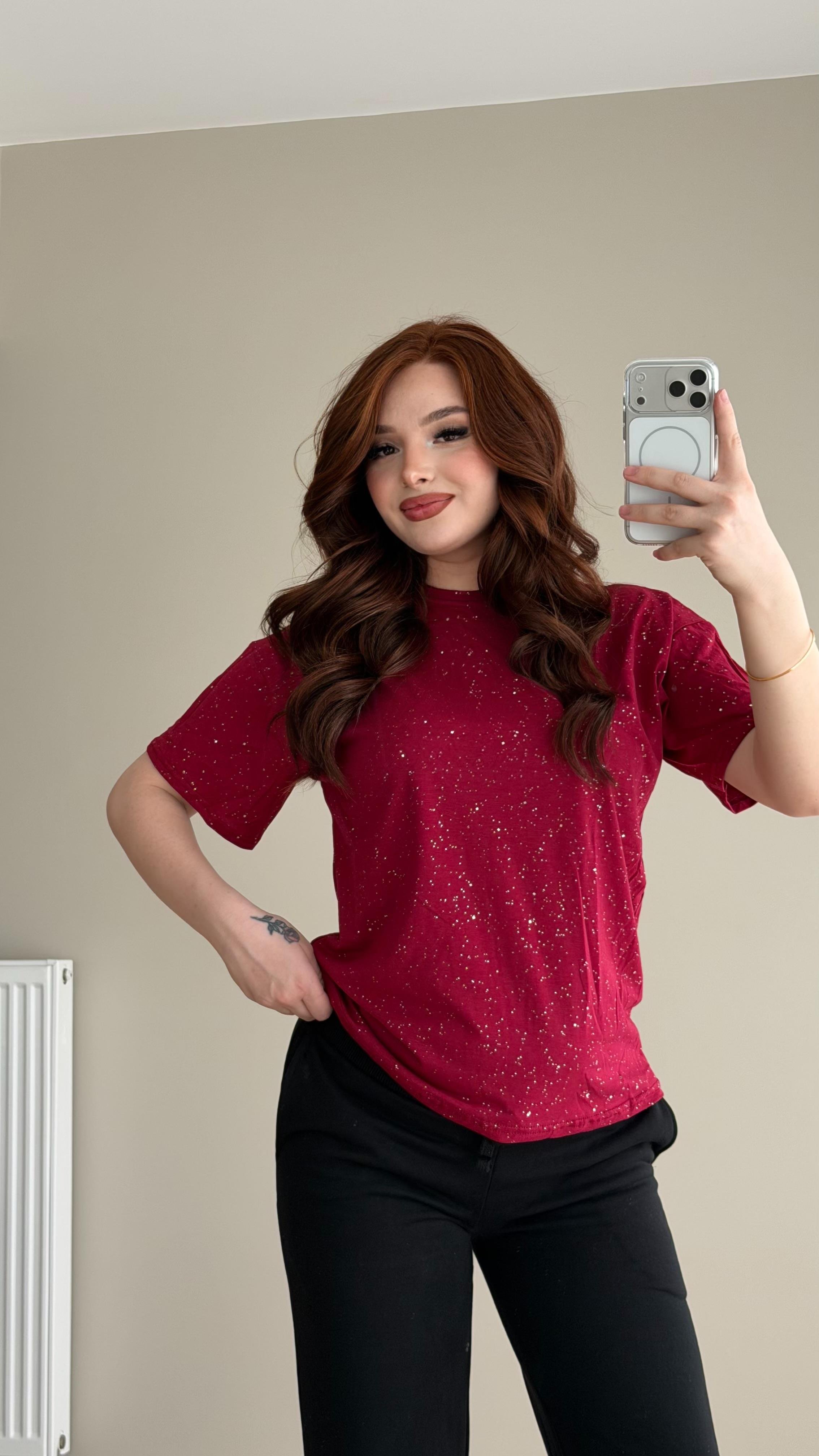 Shine Simli Tişört Bordo