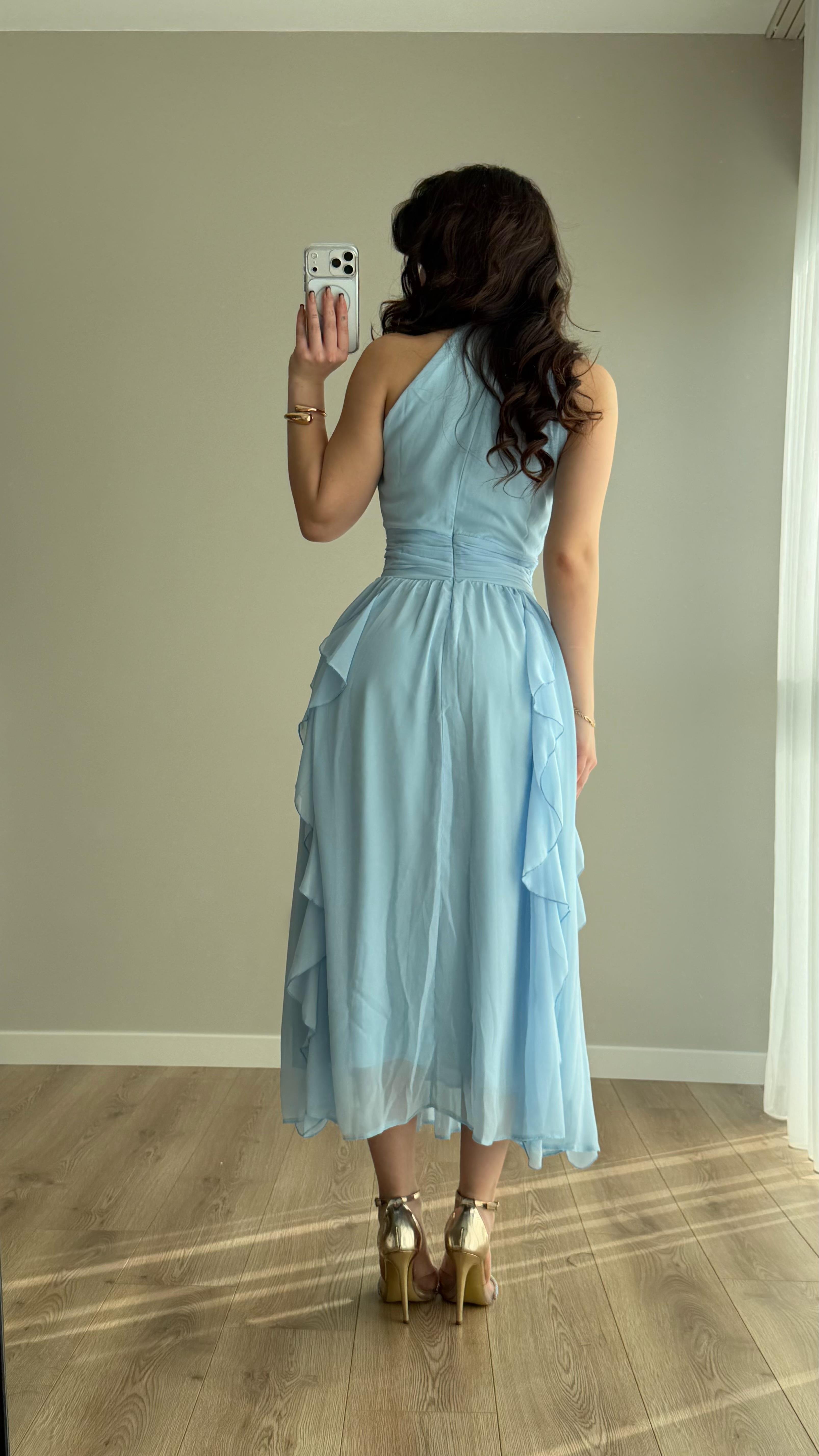 Şifon Drape Yaka Fırfırlı Elbise Bebe Mavisi
