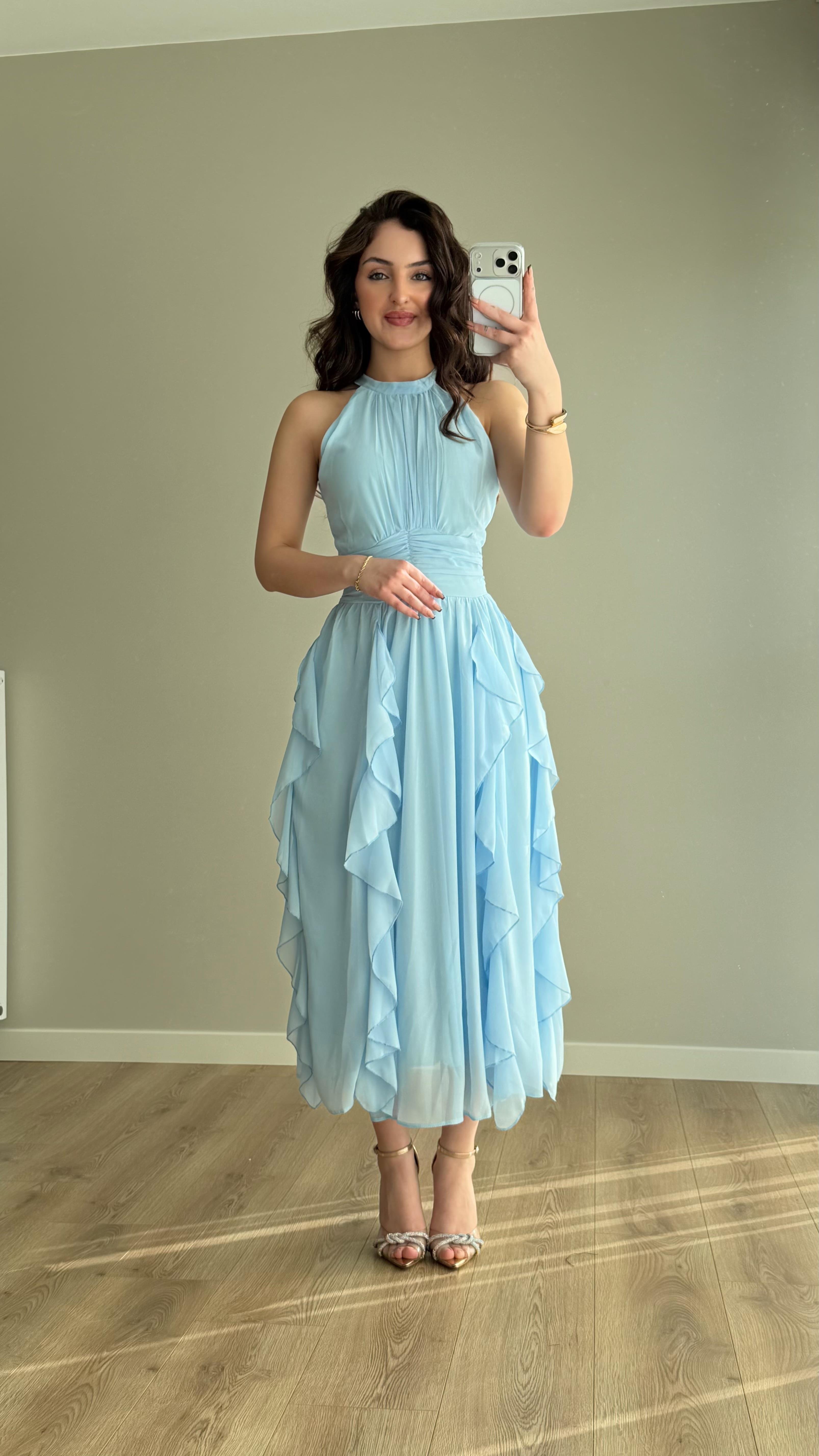 Şifon Drape Yaka Fırfırlı Elbise Bebe Mavisi