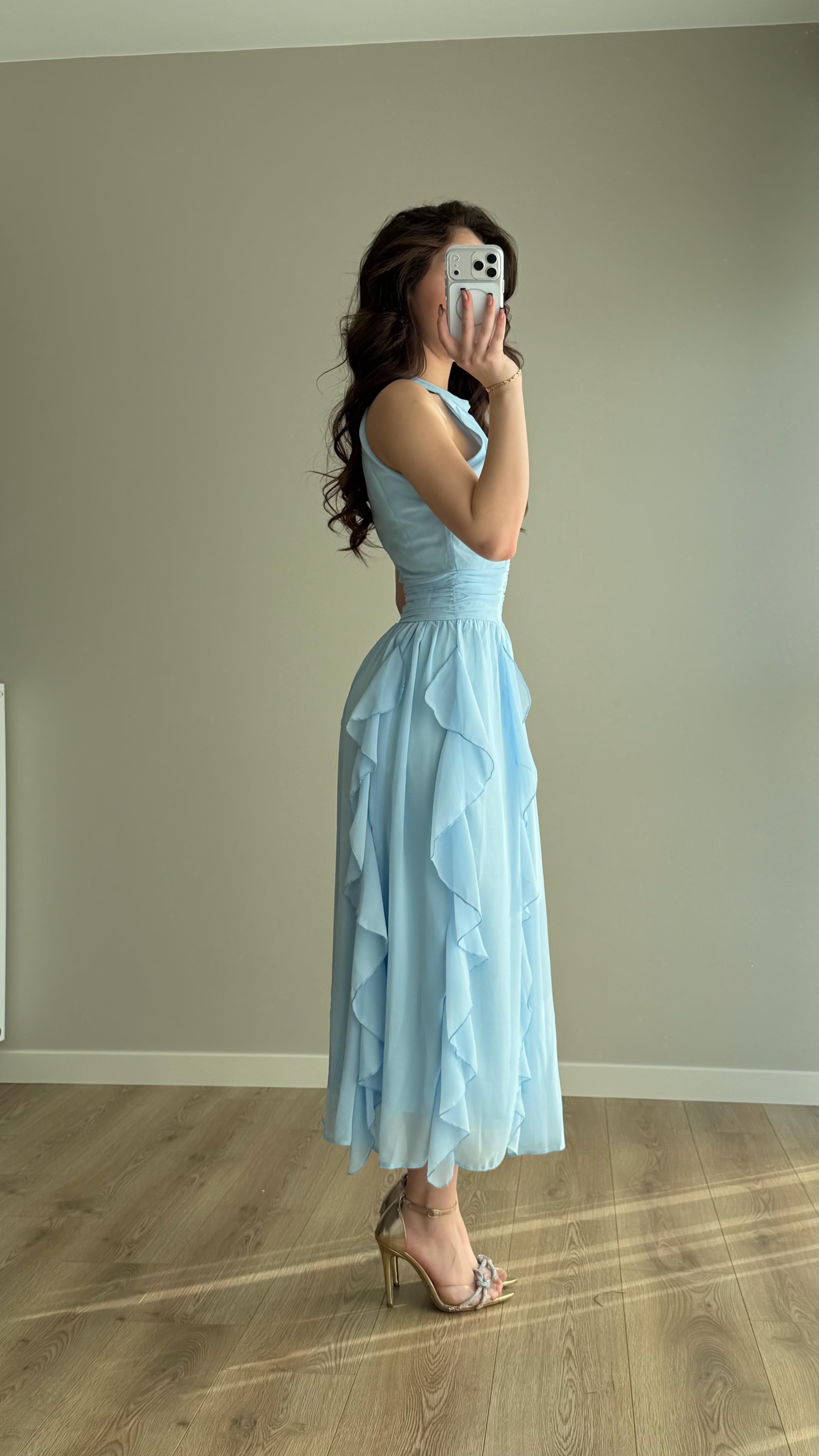 Şifon Drape Yaka Fırfırlı Elbise Bebe Mavisi
