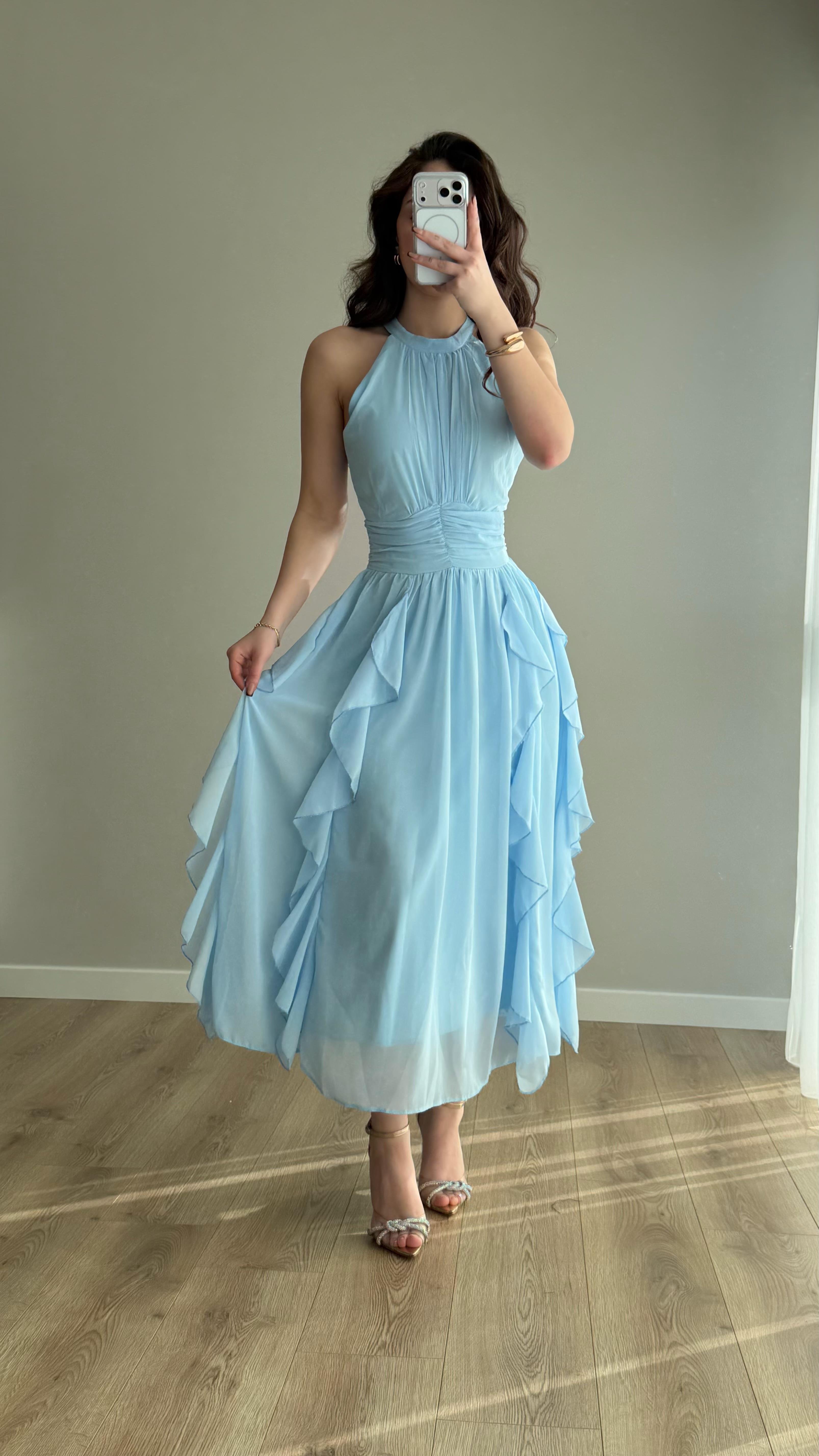 Şifon Drape Yaka Fırfırlı Elbise Bebe Mavisi