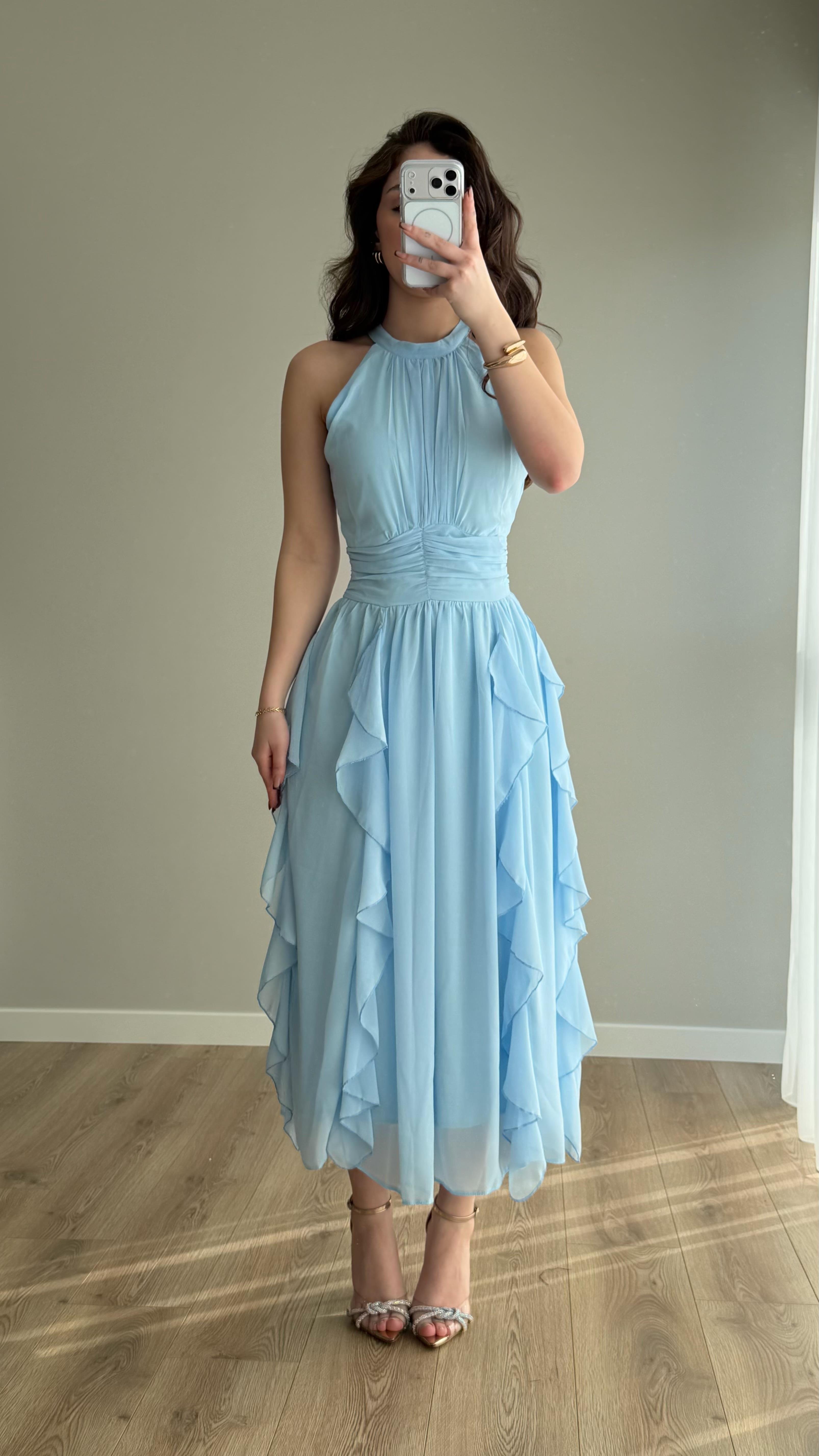Şifon Drape Yaka Fırfırlı Elbise Bebe Mavisi