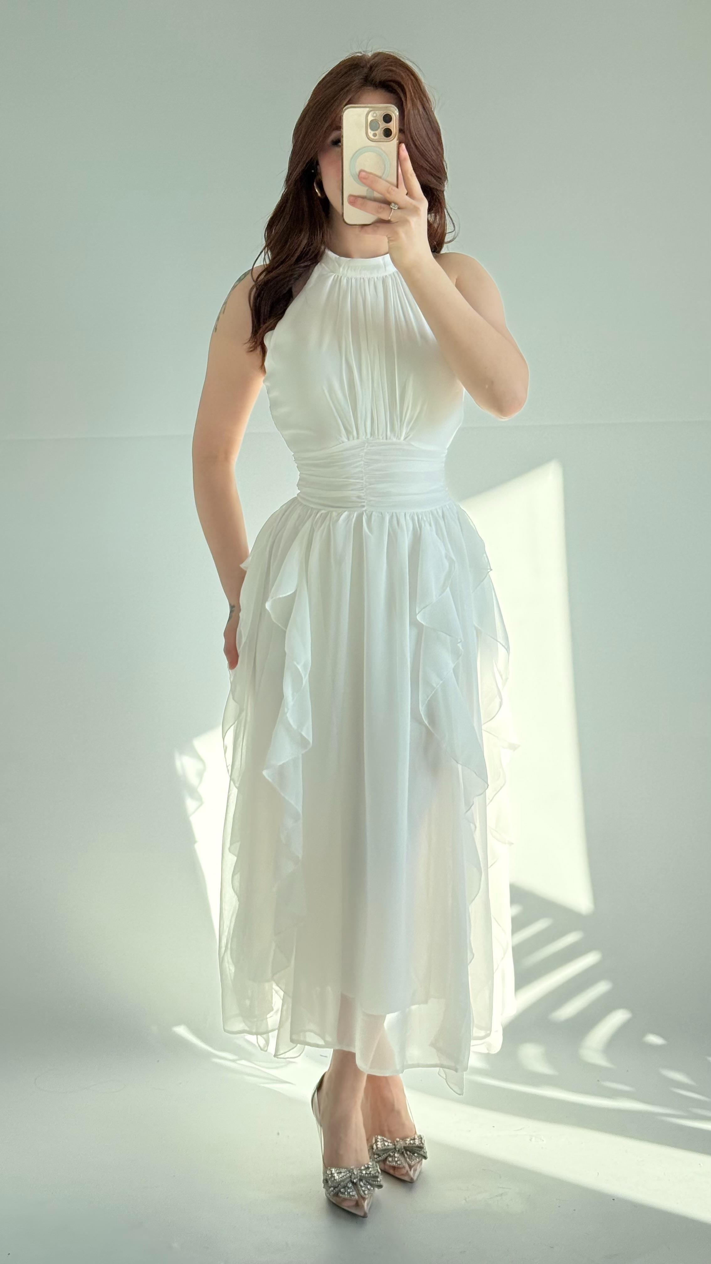 Şifon Drape Yaka Fırfırlı Elbise Beyaz