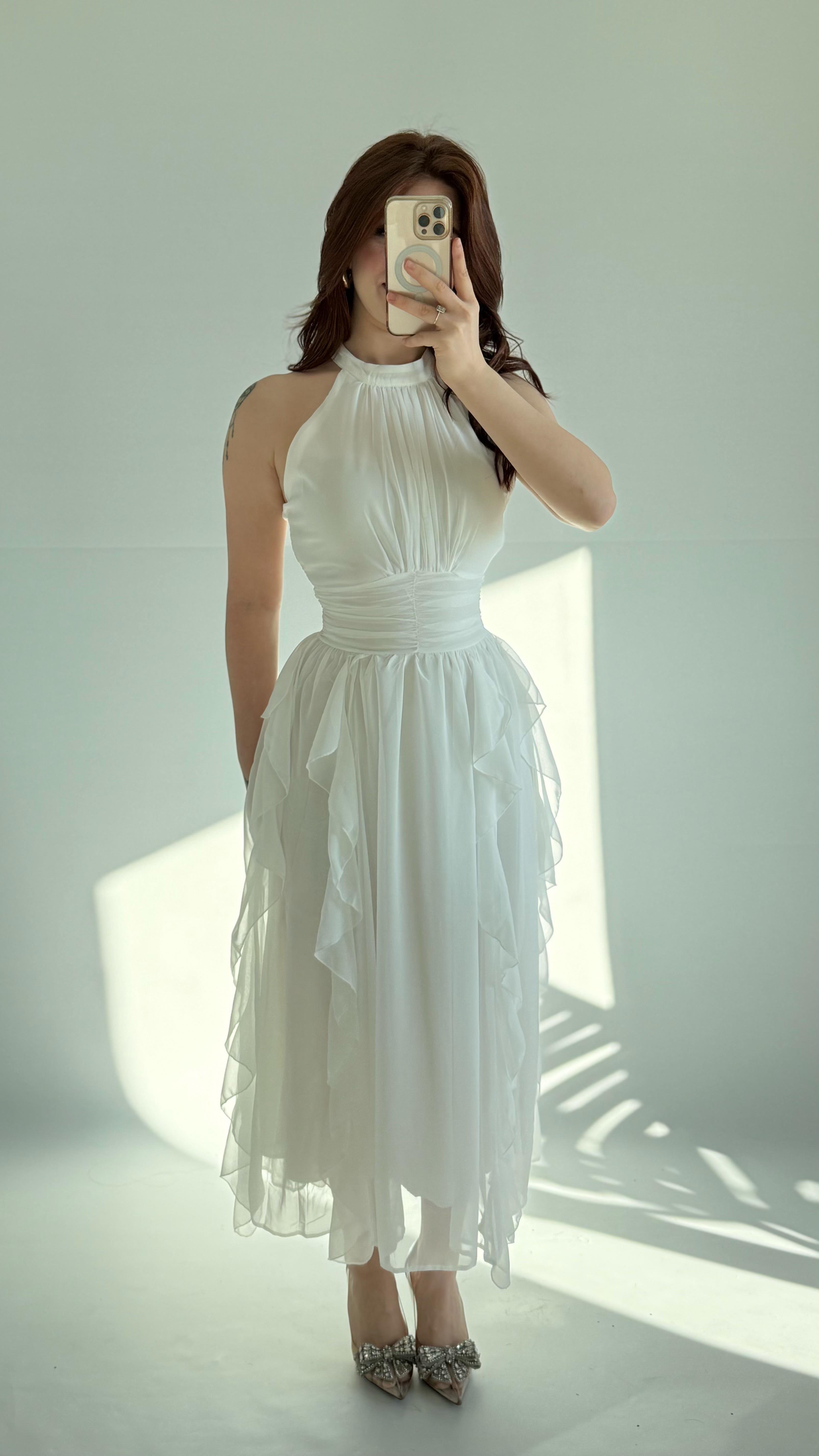 Şifon Drape Yaka Fırfırlı Elbise Beyaz