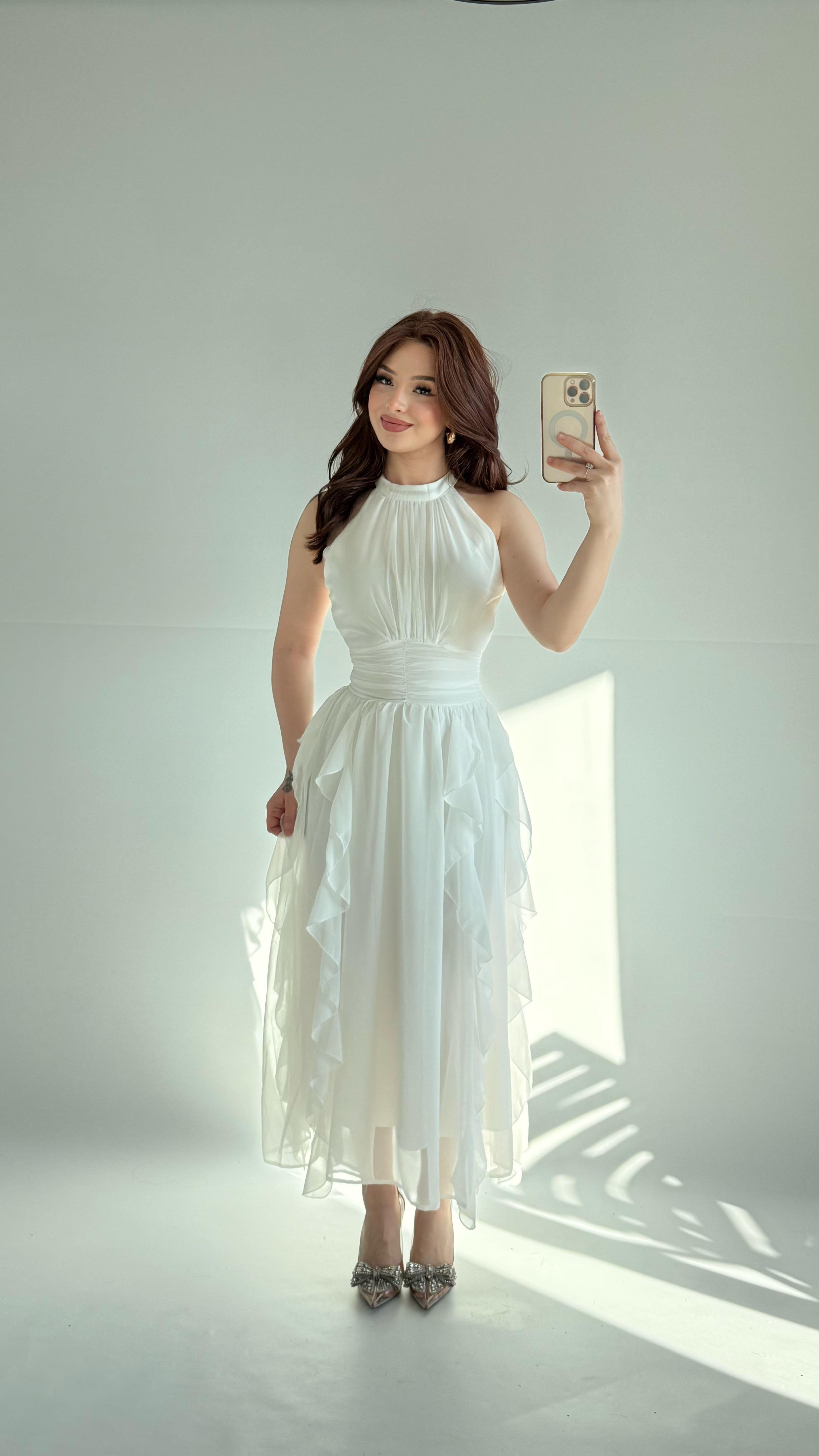 Şifon Drape Yaka Fırfırlı Elbise Beyaz