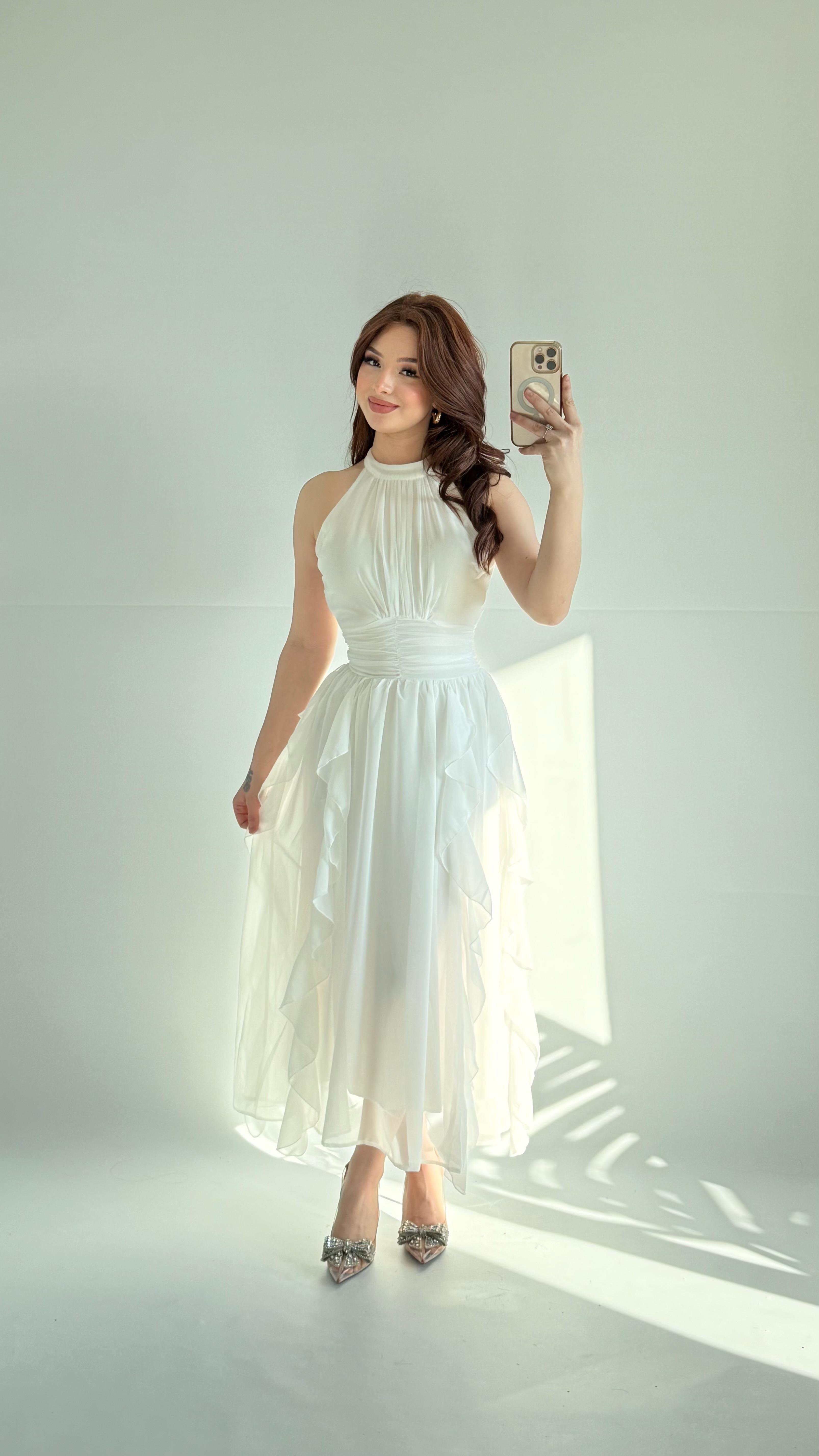 Şifon Drape Yaka Fırfırlı Elbise Beyaz