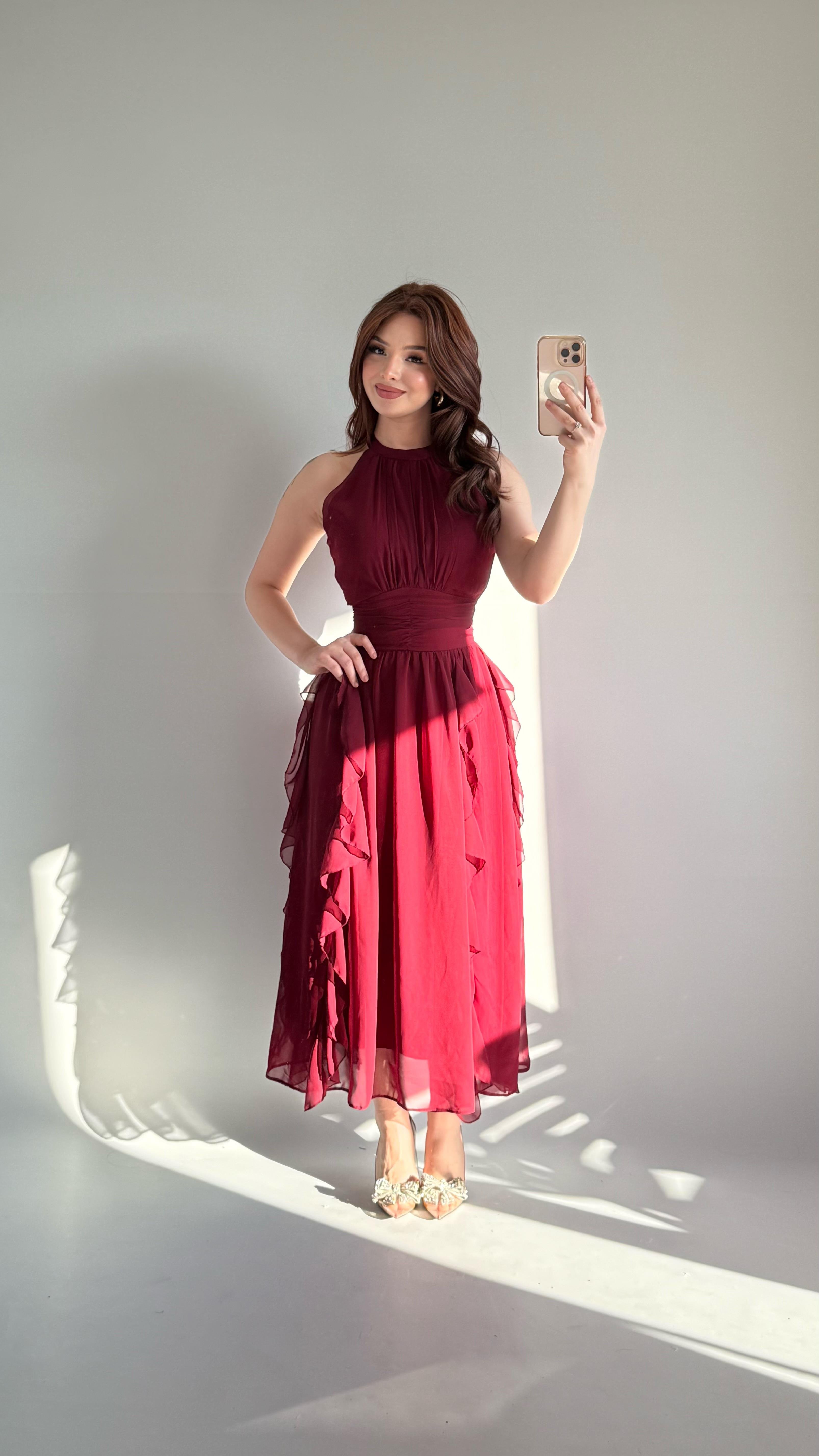 Şifon Drape Yaka Fırfırlı Elbise Bordo