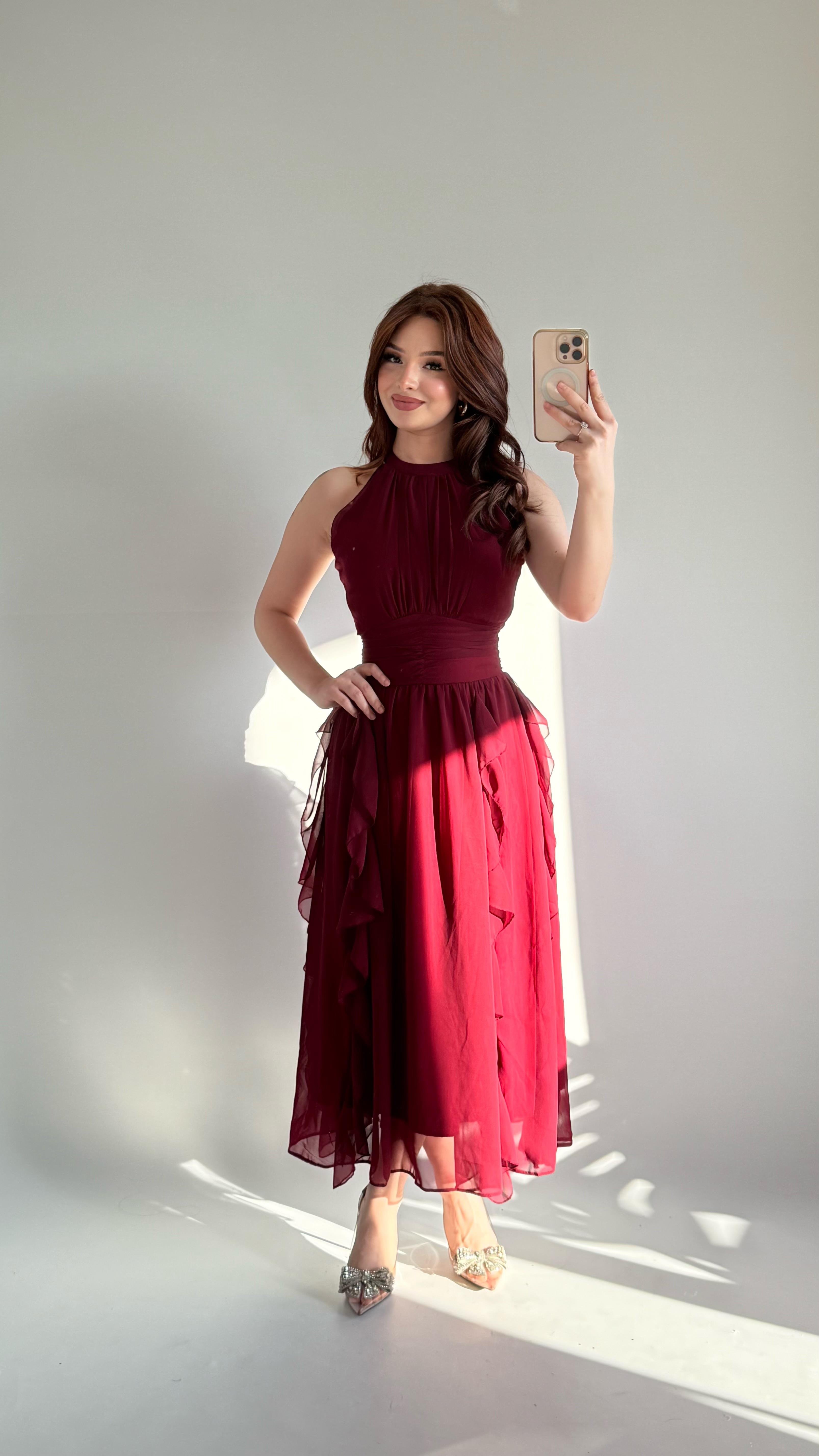 Şifon Drape Yaka Fırfırlı Elbise Bordo