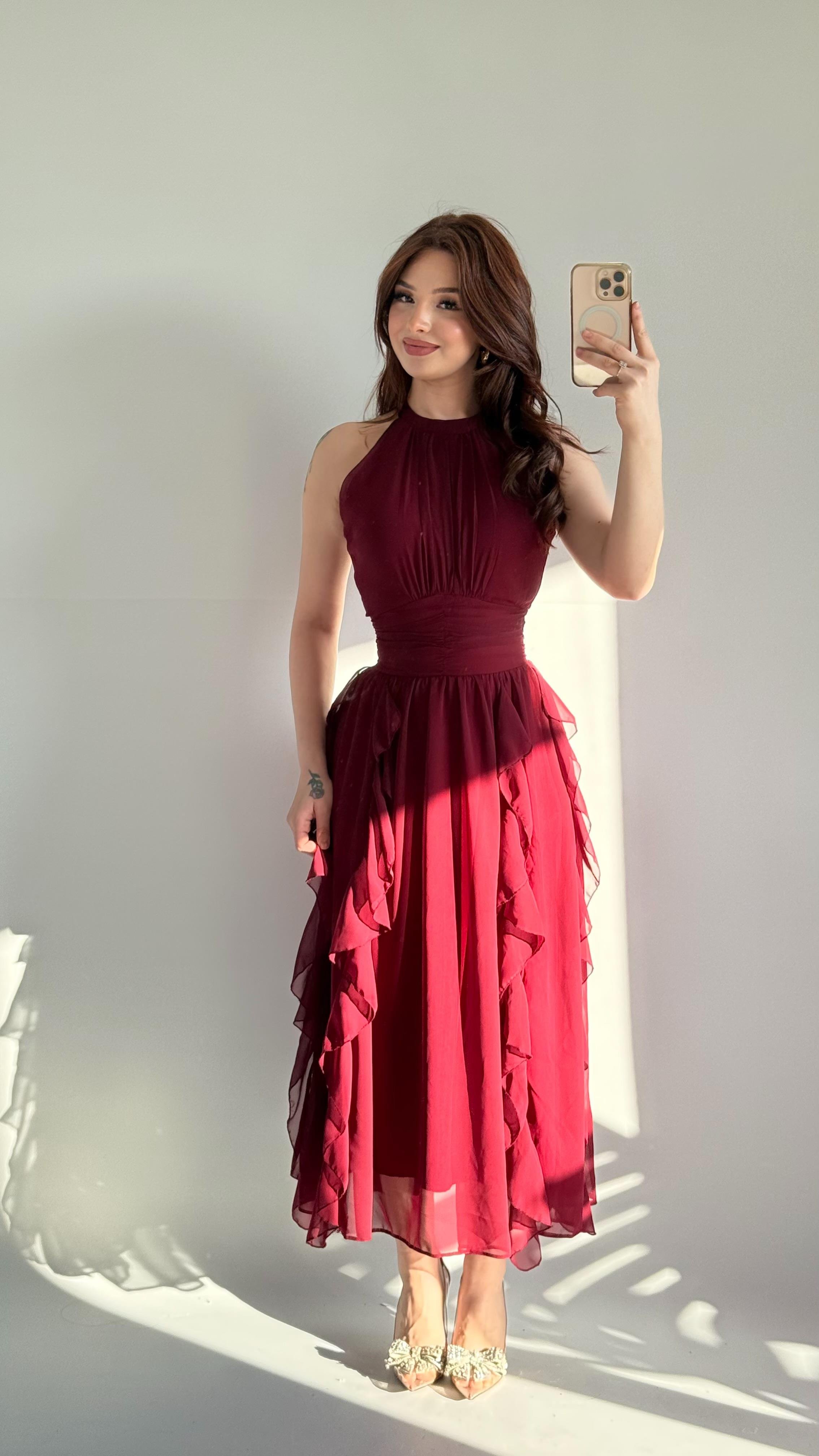 Şifon Drape Yaka Fırfırlı Elbise Bordo