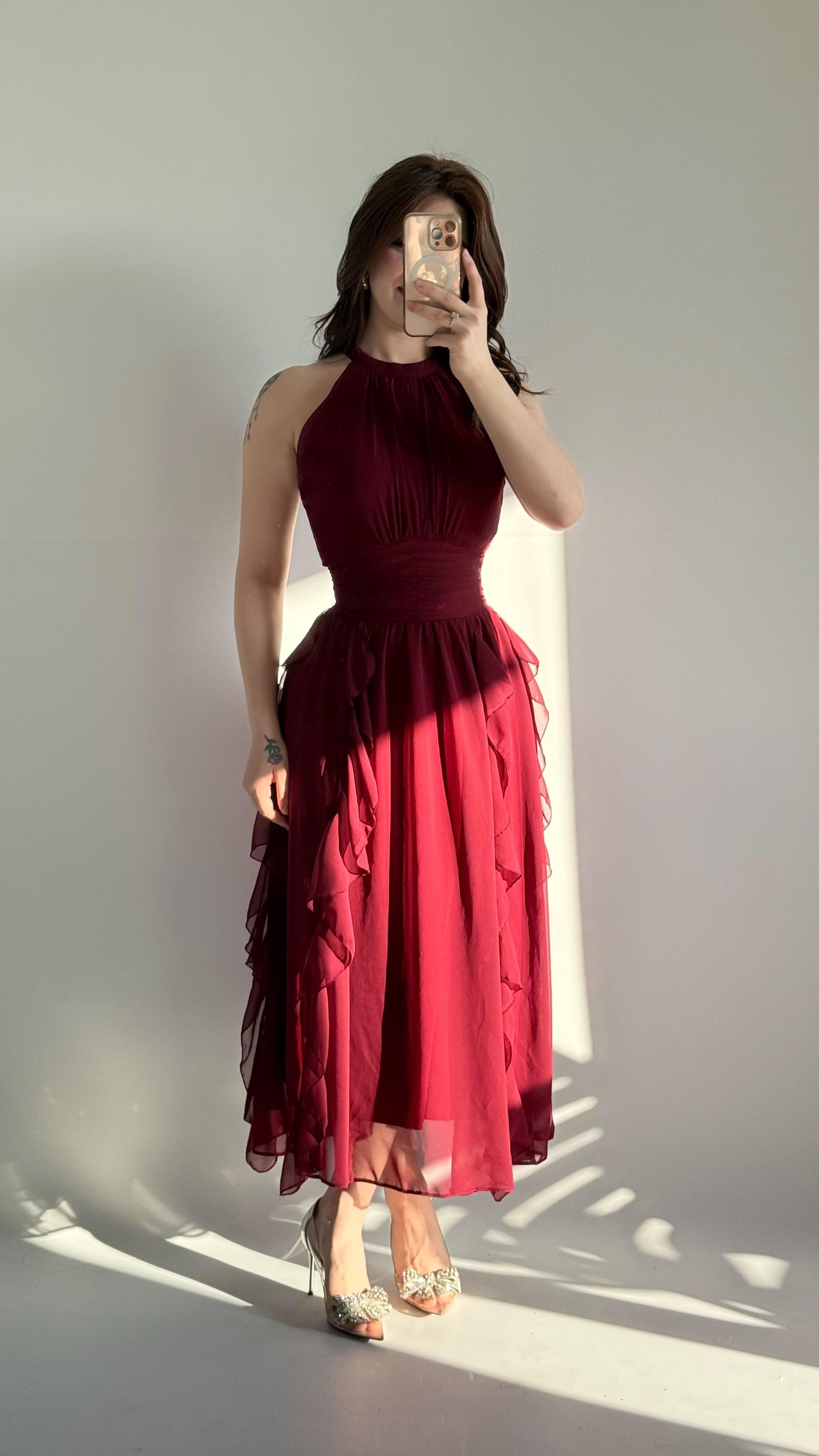 Şifon Drape Yaka Fırfırlı Elbise Bordo