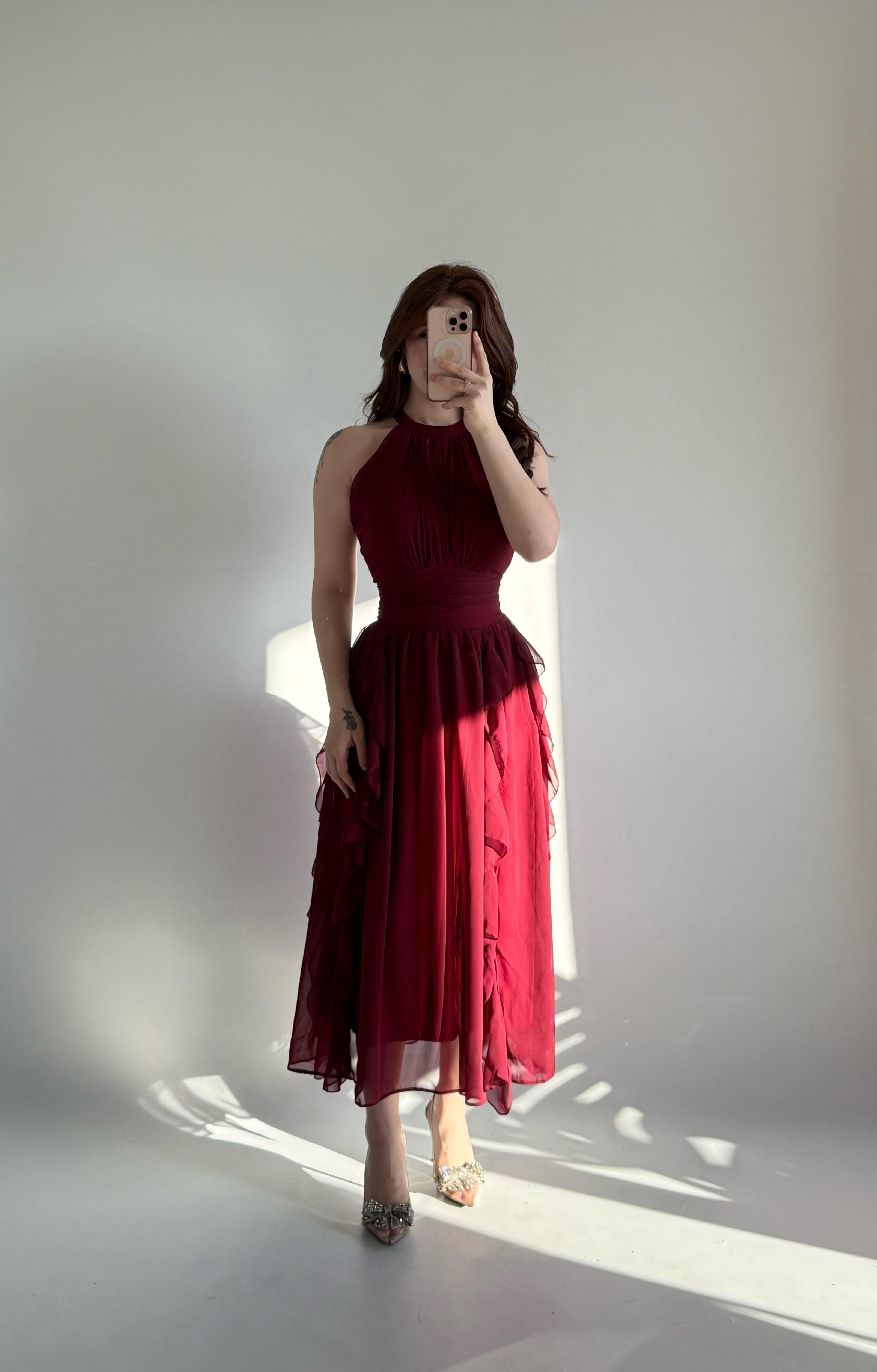 Şifon Drape Yaka Fırfırlı Elbise Bordo