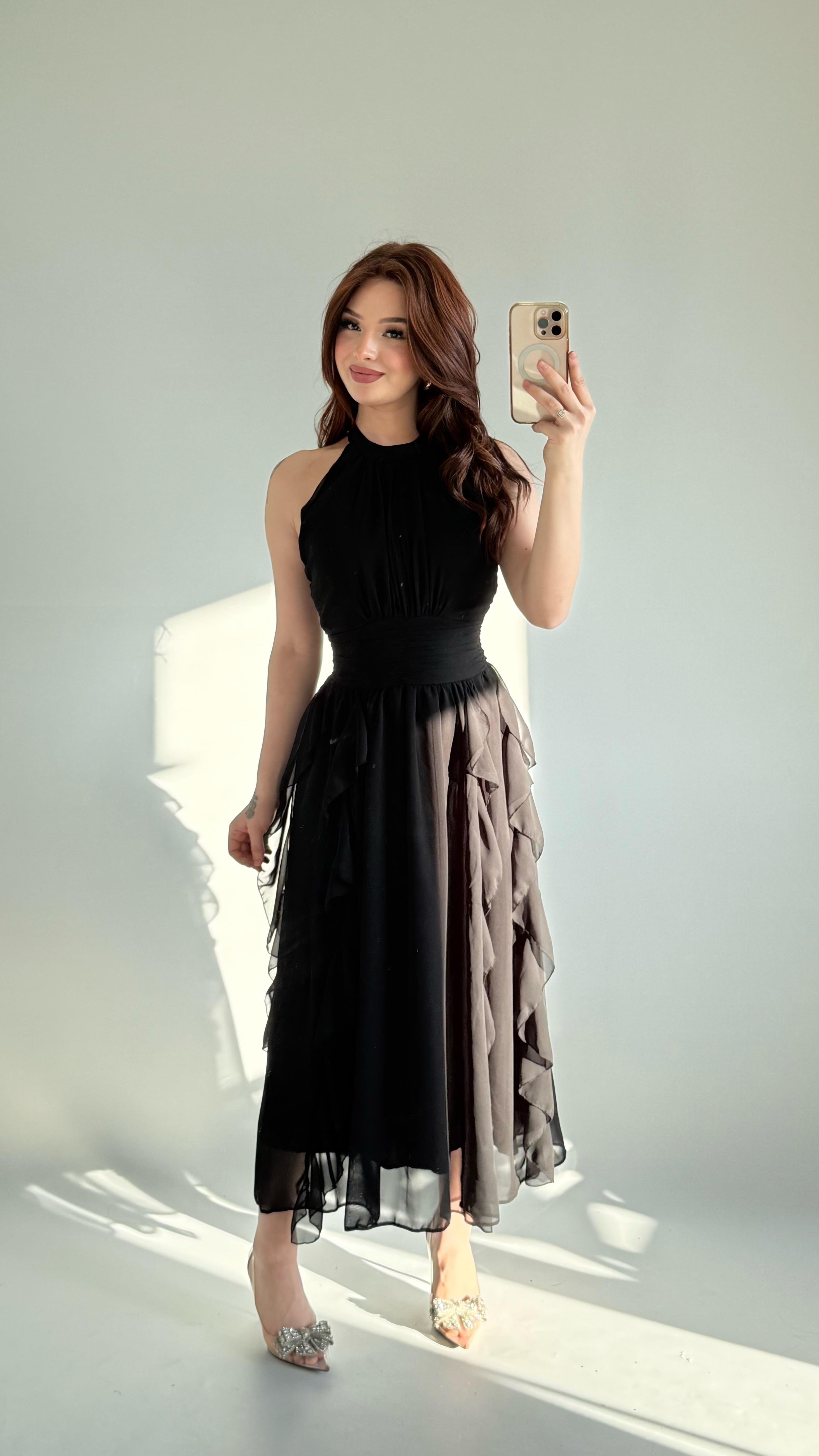 Şifon Drape Yaka Fırfırlı Elbise Siyah