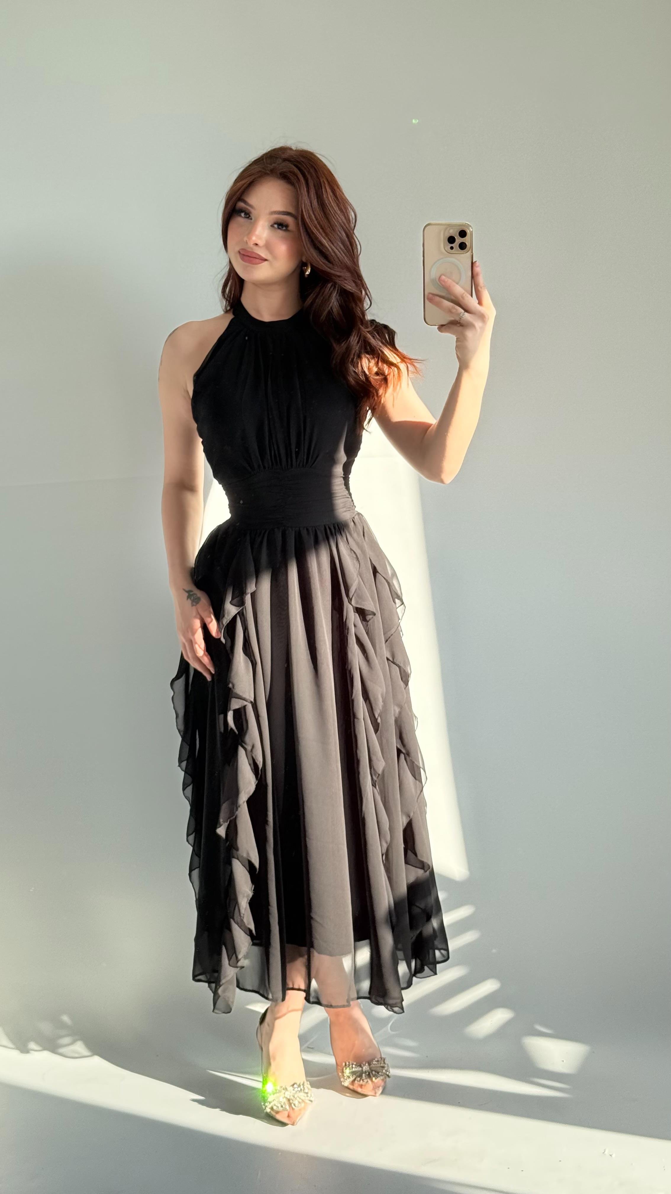 Şifon Drape Yaka Fırfırlı Elbise Siyah