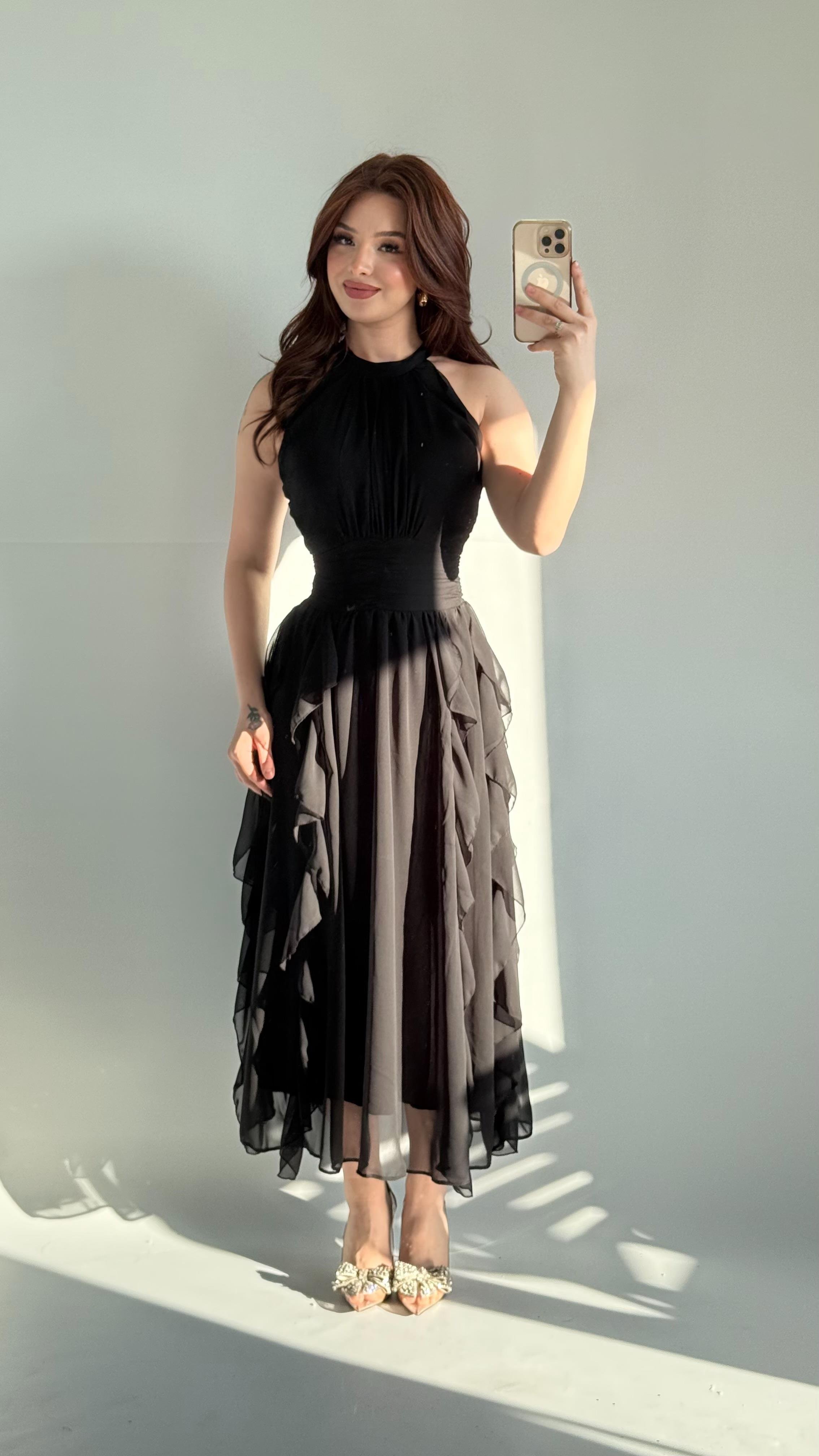 Şifon Drape Yaka Fırfırlı Elbise Siyah