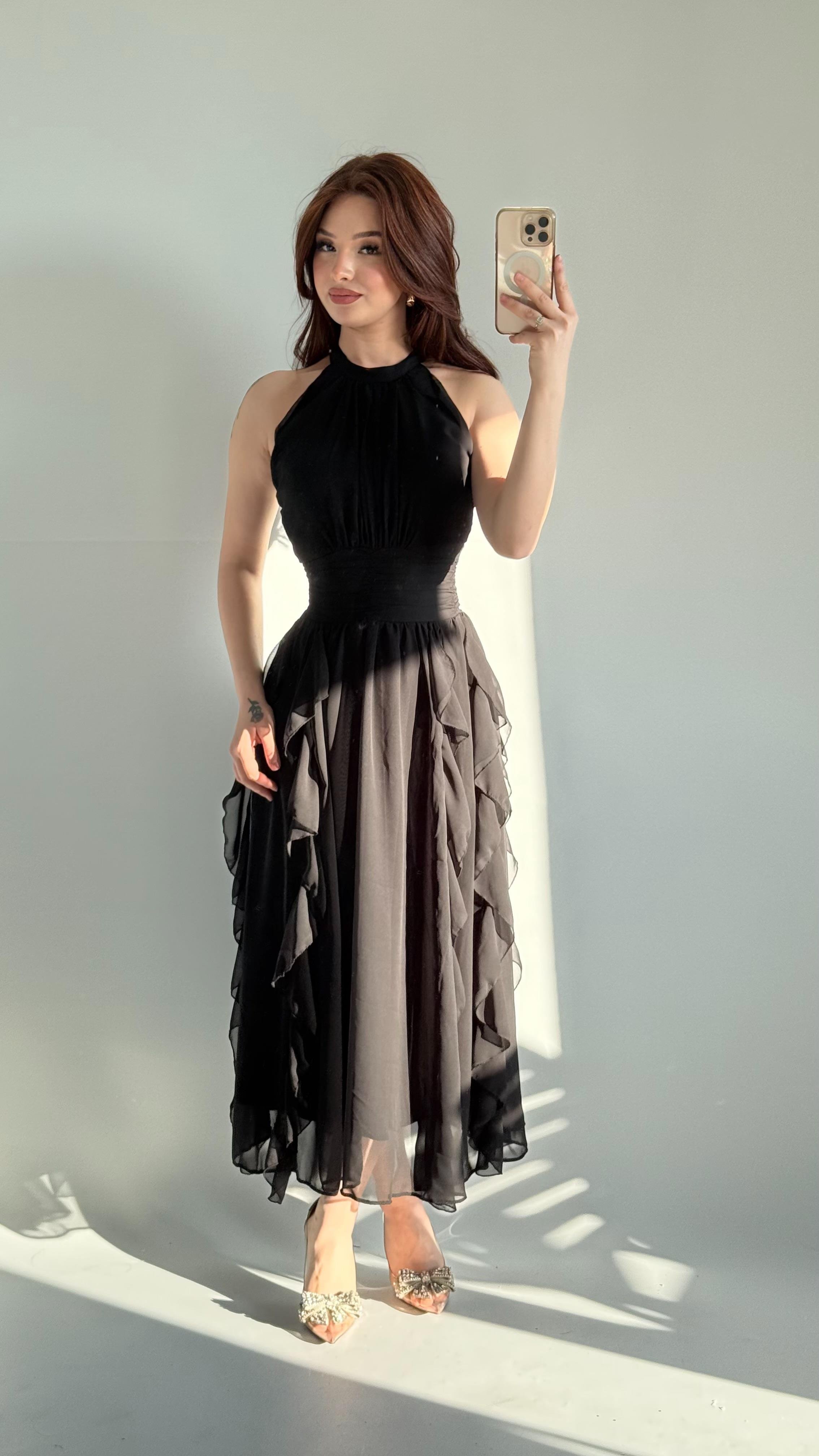 Şifon Drape Yaka Fırfırlı Elbise Siyah