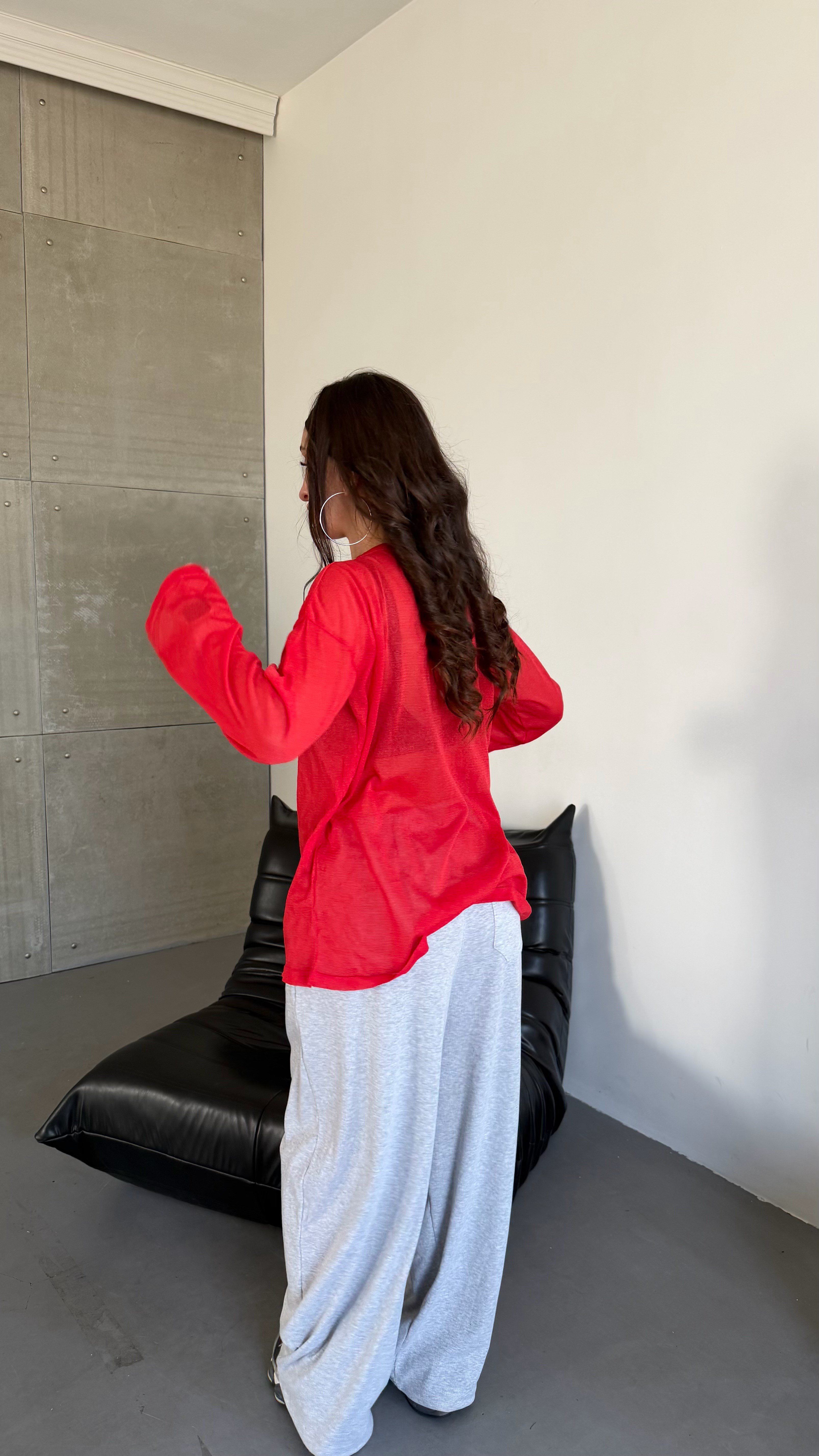 Simli Bol Oversize Oval Bluz Kırmızı