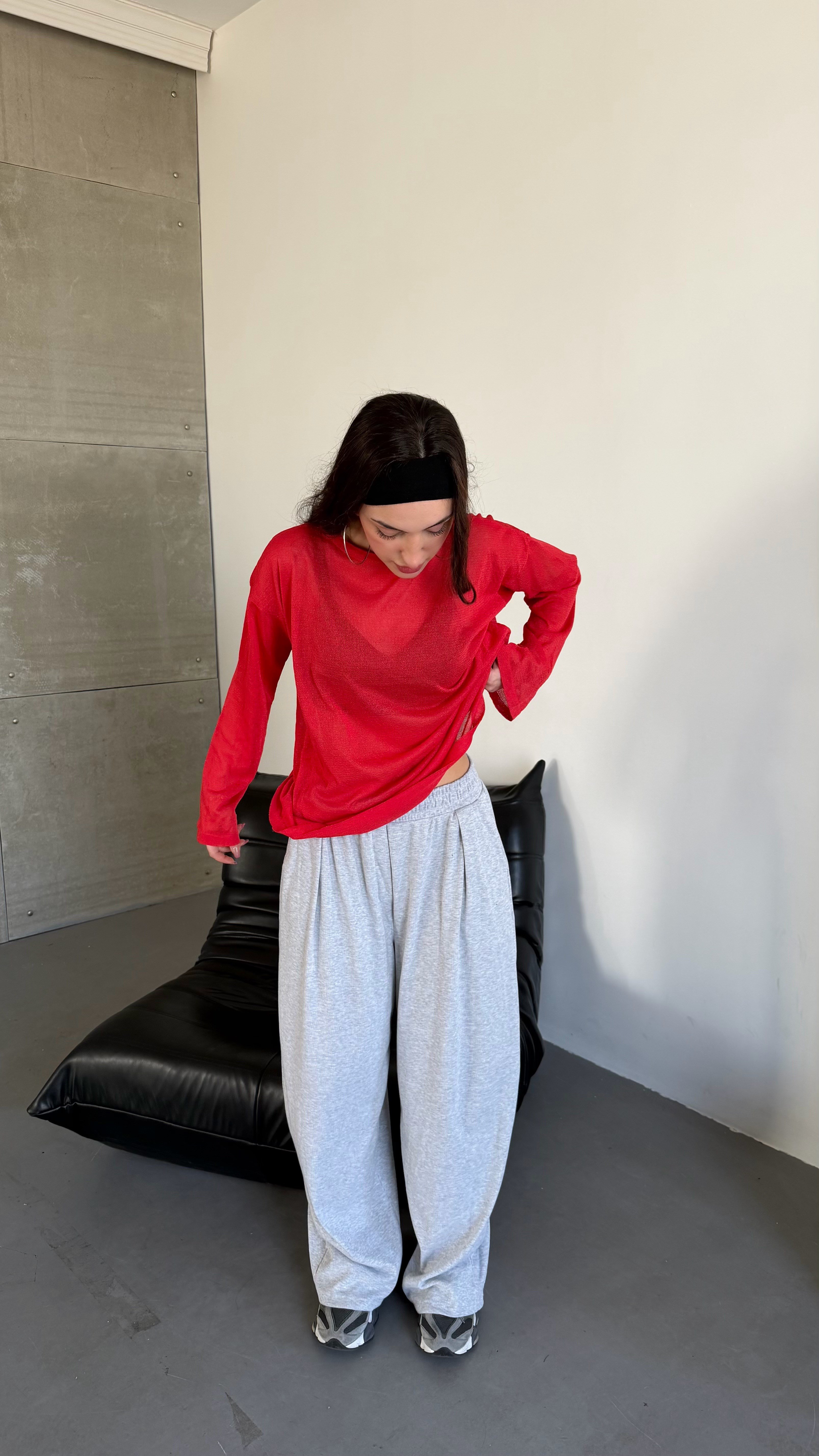 Simli Bol Oversize Oval Bluz Kırmızı