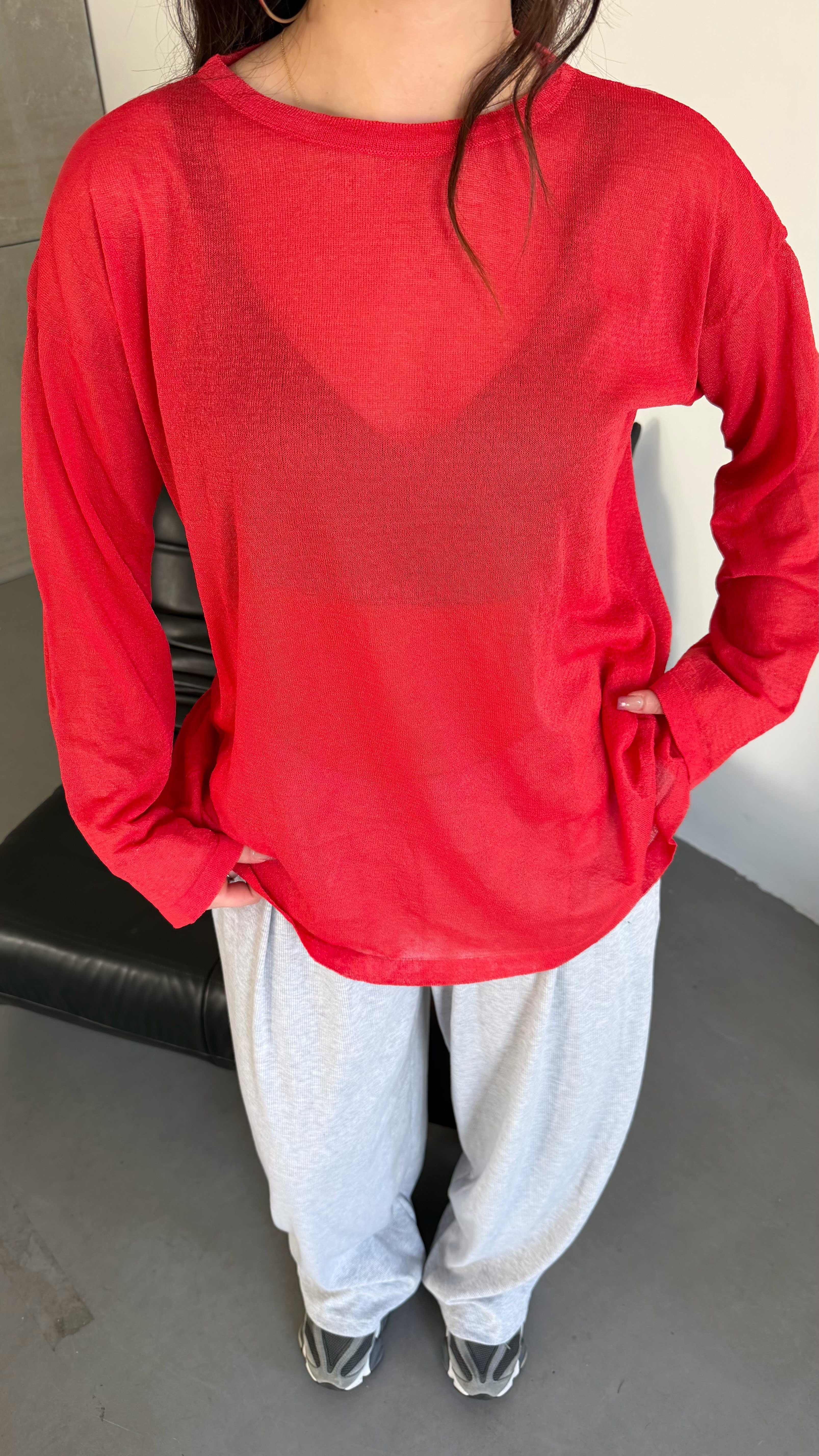 Simli Bol Oversize Oval Bluz Kırmızı