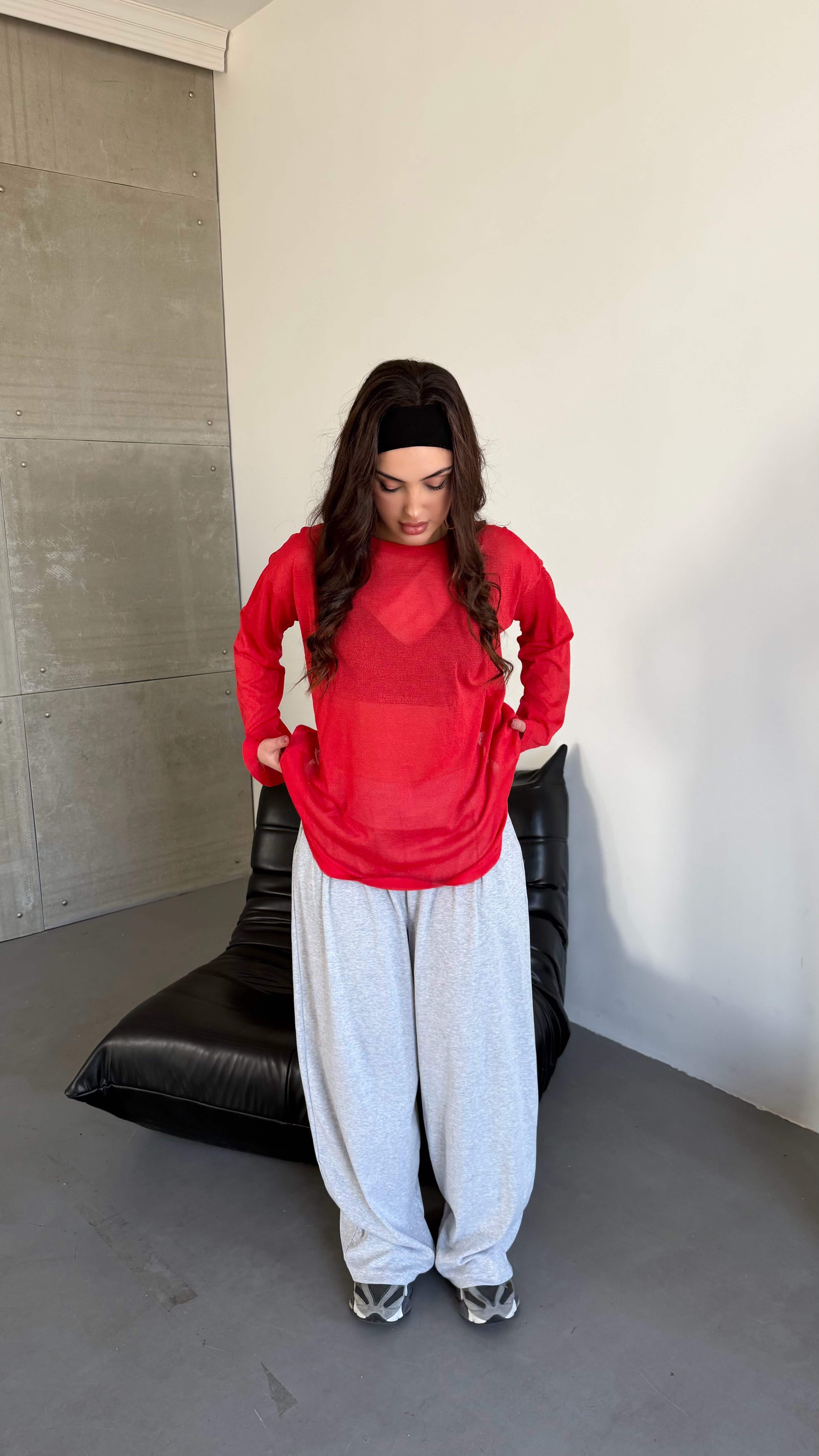 Simli Bol Oversize Oval Bluz Kırmızı