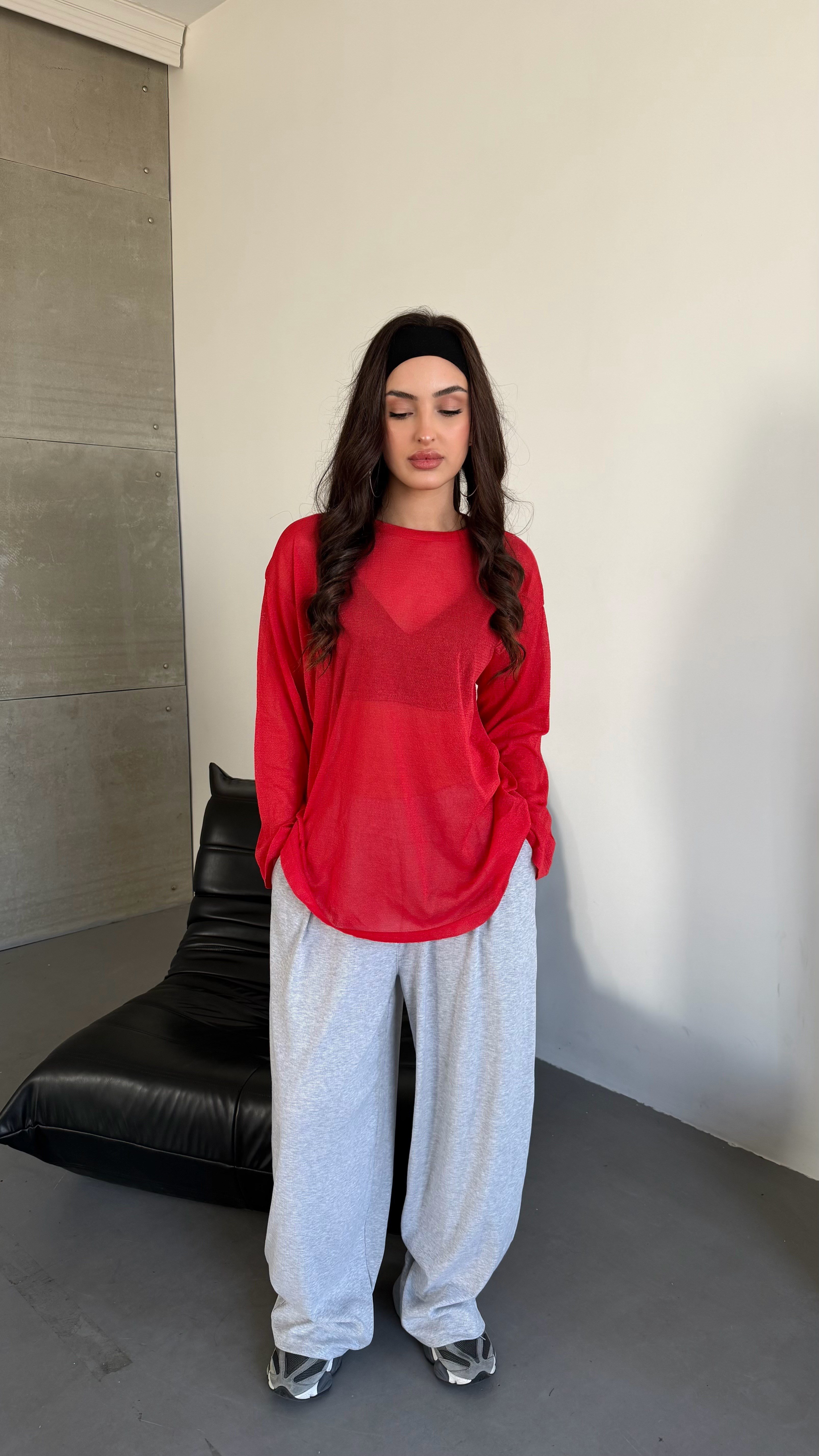 Simli Bol Oversize Oval Bluz Kırmızı