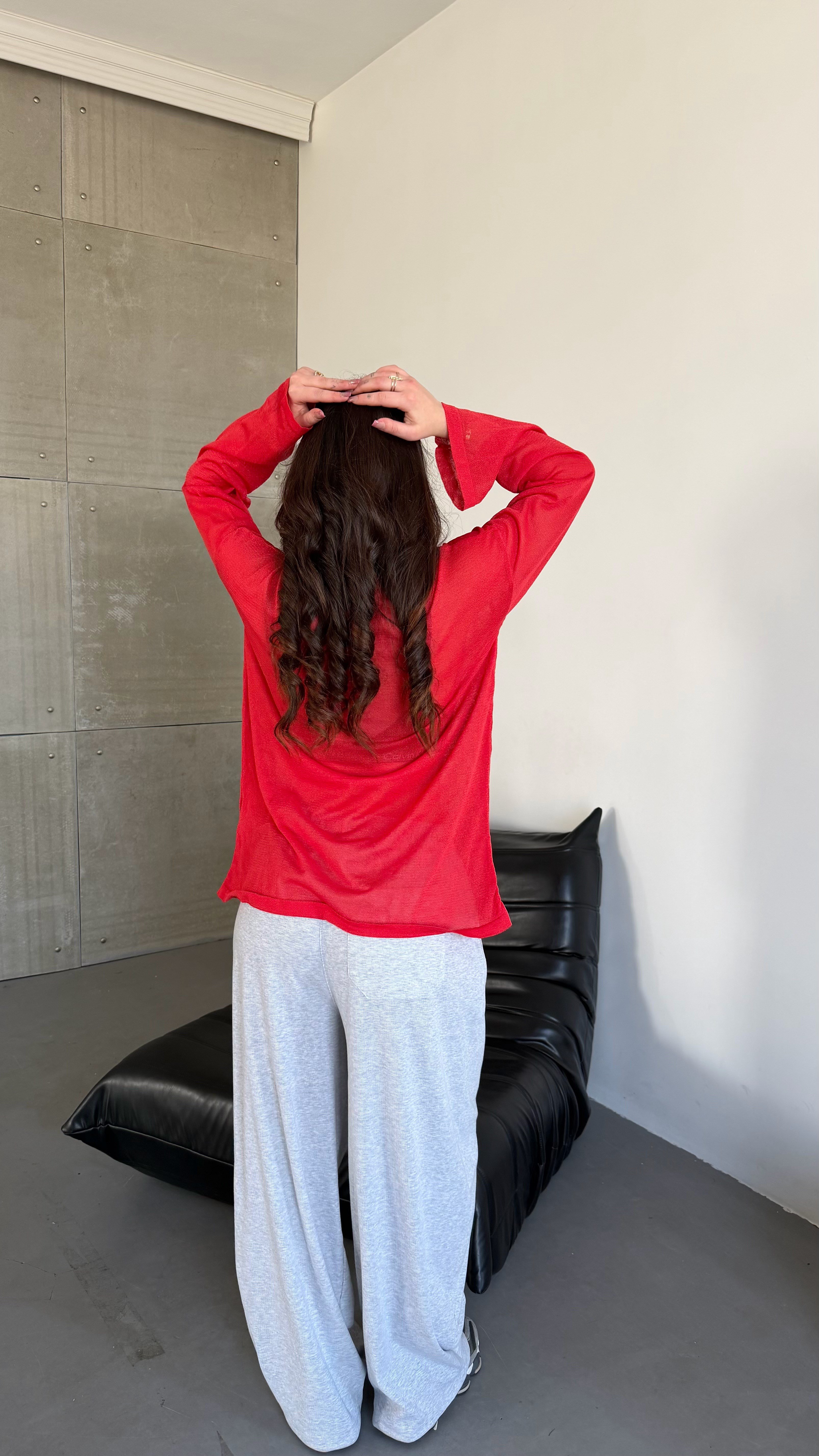 Simli Bol Oversize Oval Bluz Kırmızı