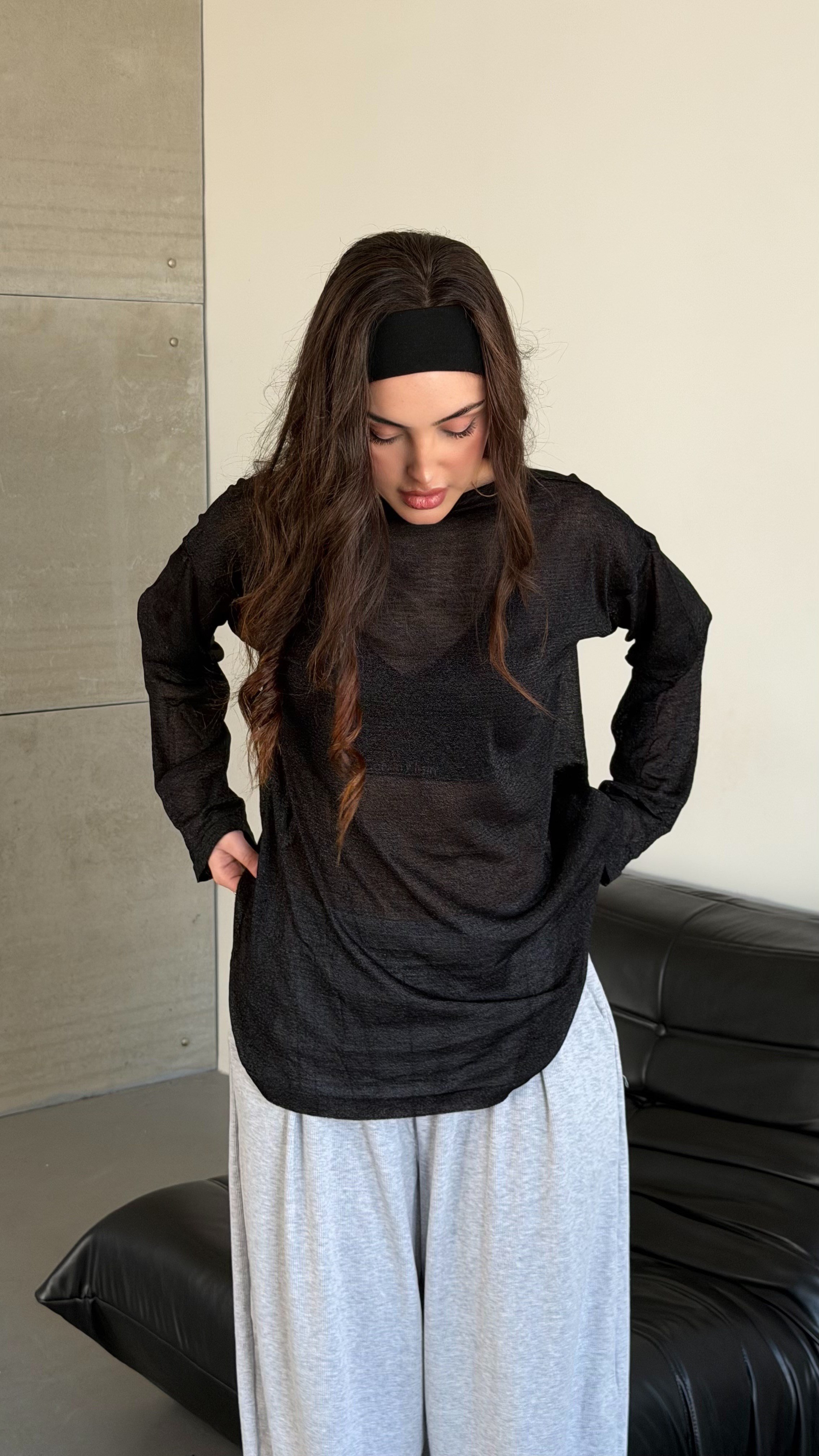 Simli Bol Oversize Oval Bluz Siyah