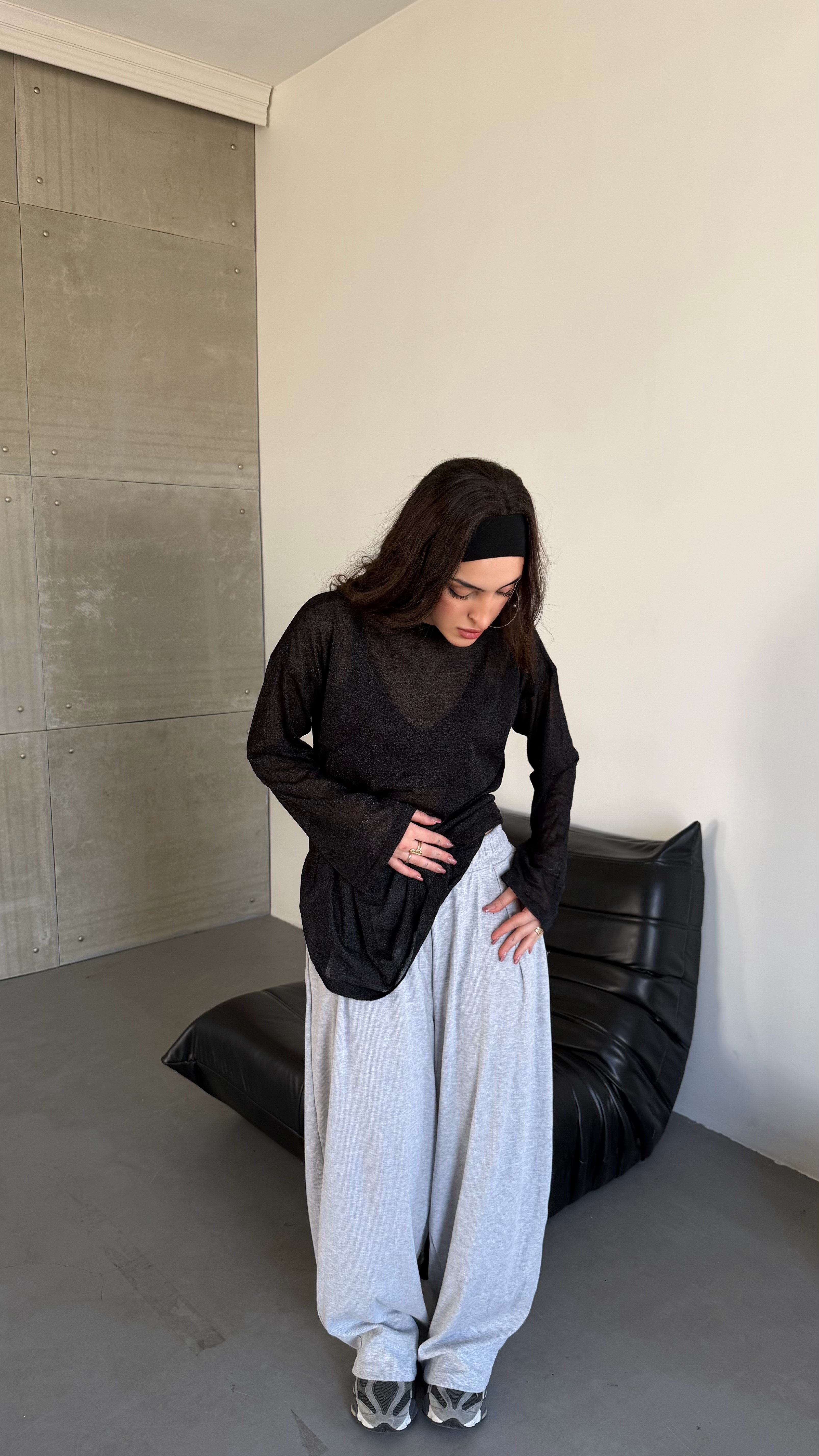 Simli Bol Oversize Oval Bluz Siyah