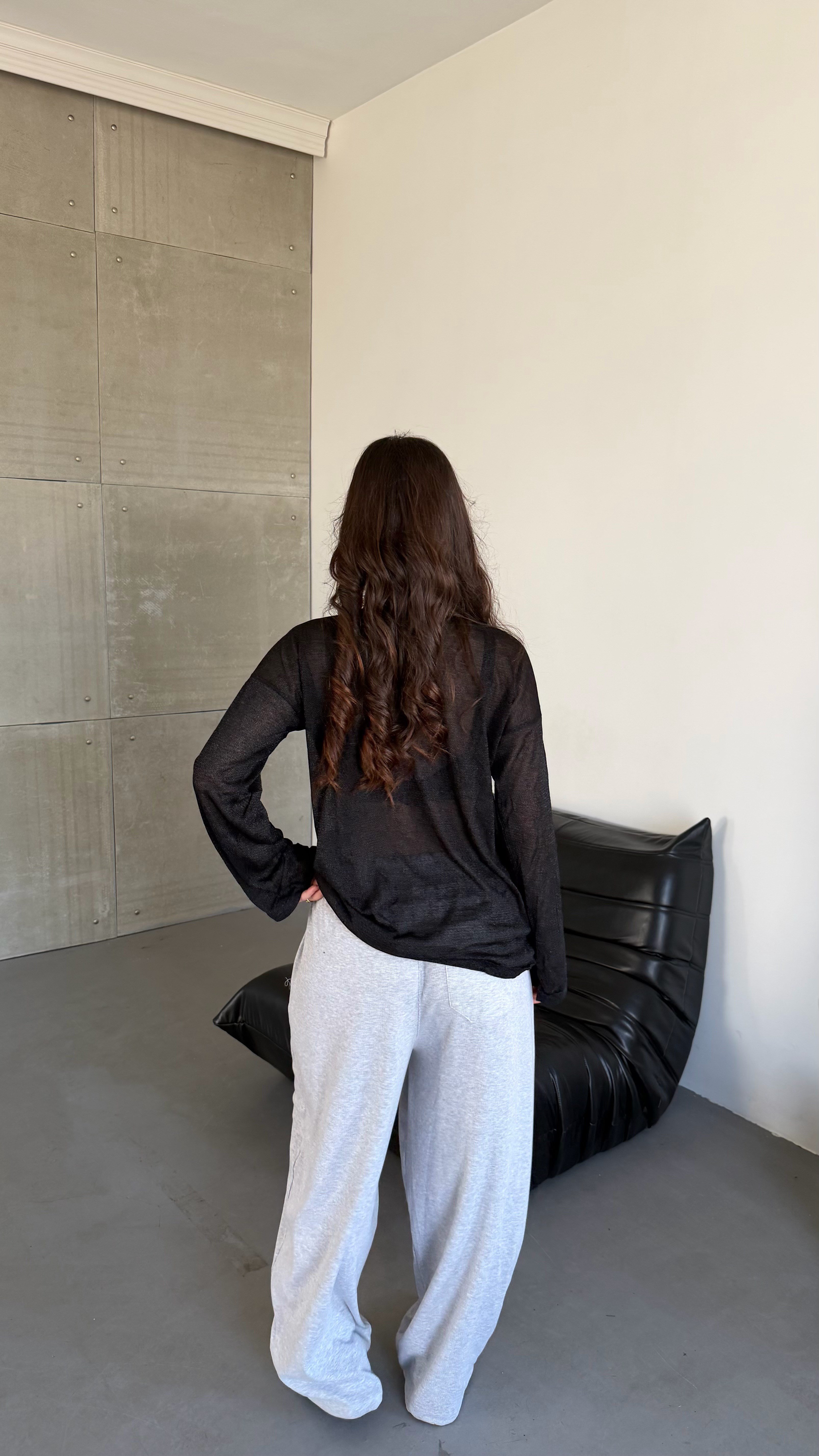 Simli Bol Oversize Oval Bluz Siyah