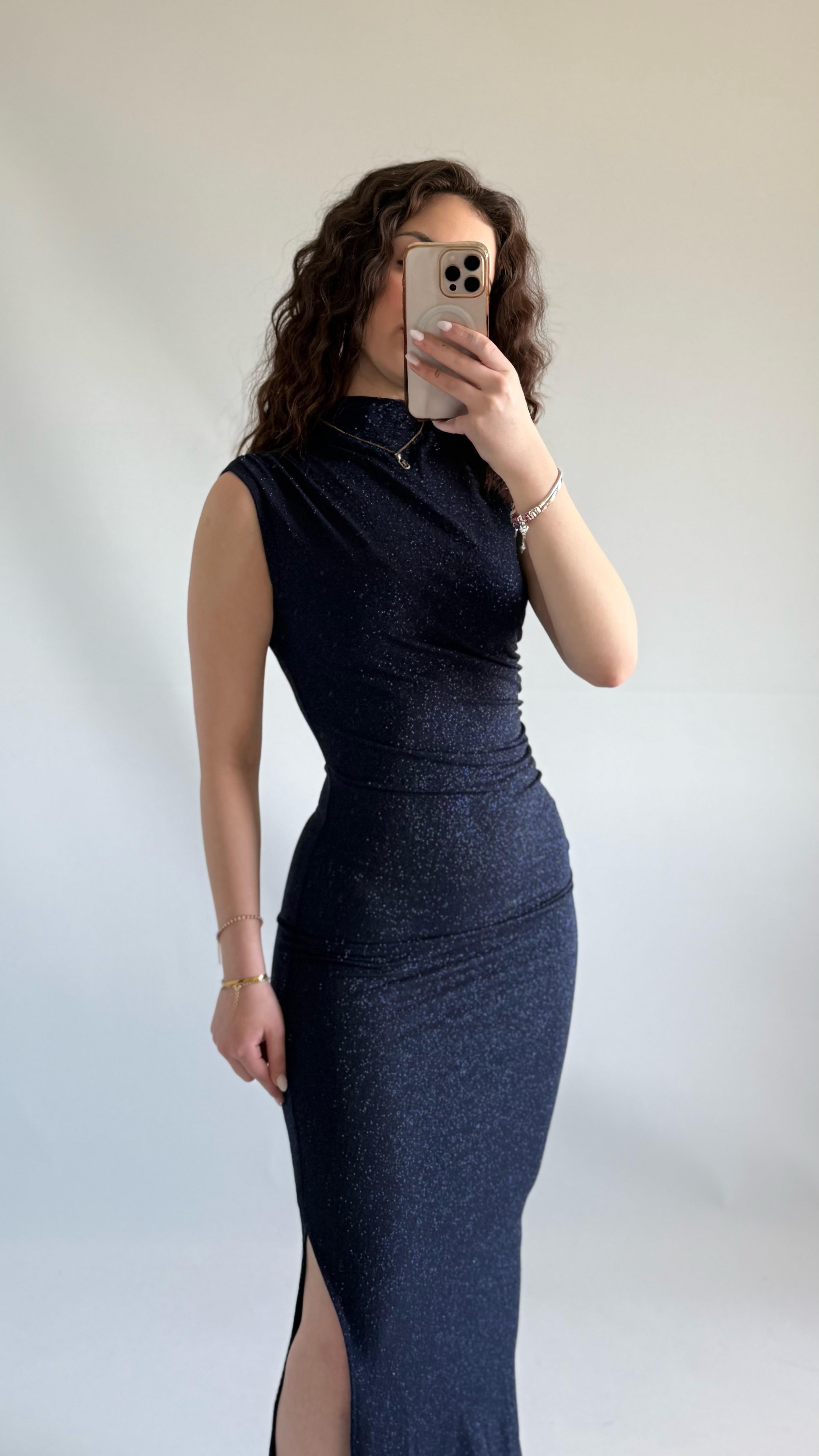 Simli Drapeli Sıfır Kol Elbise Lacivert