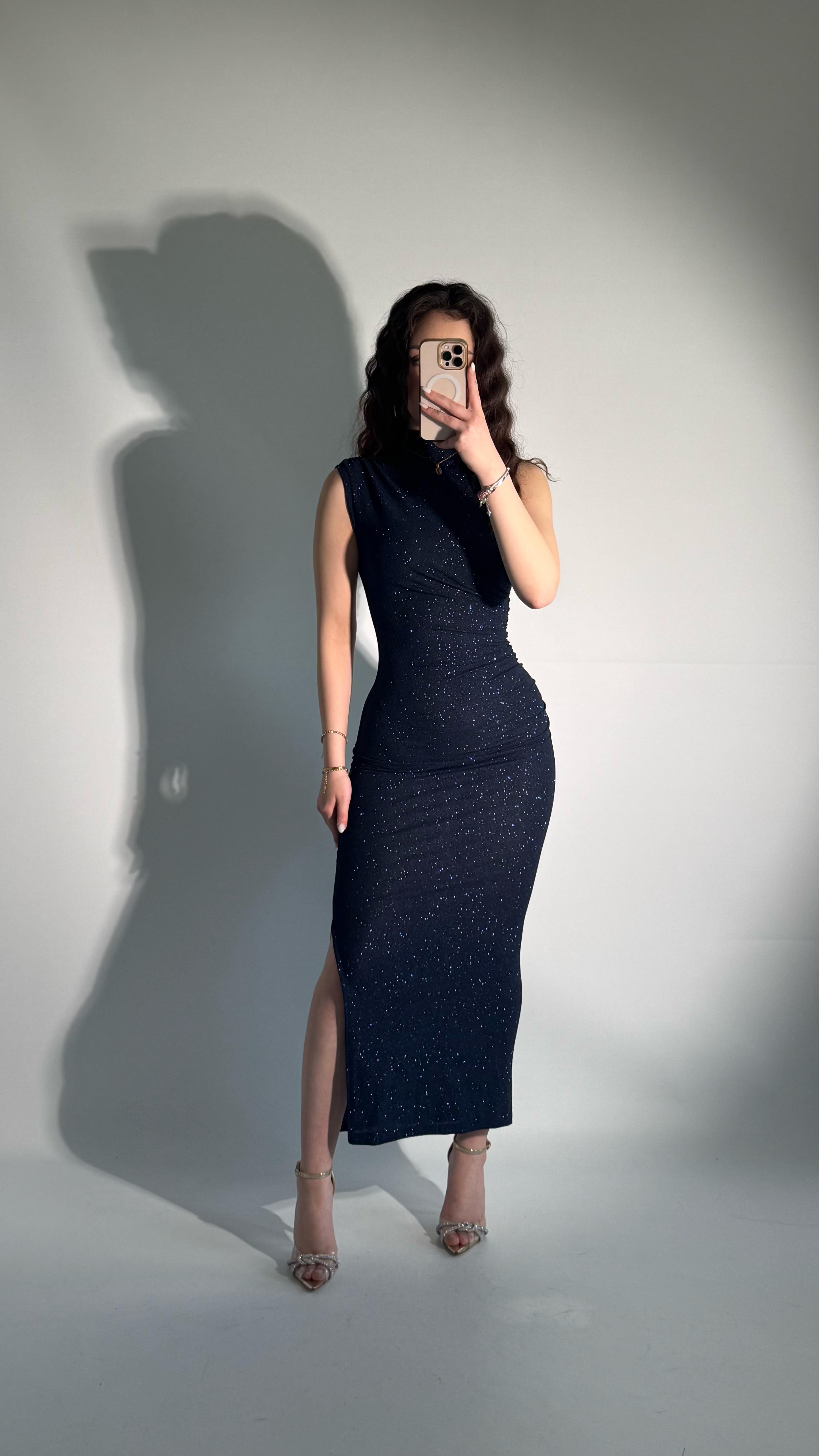 Simli Drapeli Sıfır Kol Elbise Lacivert