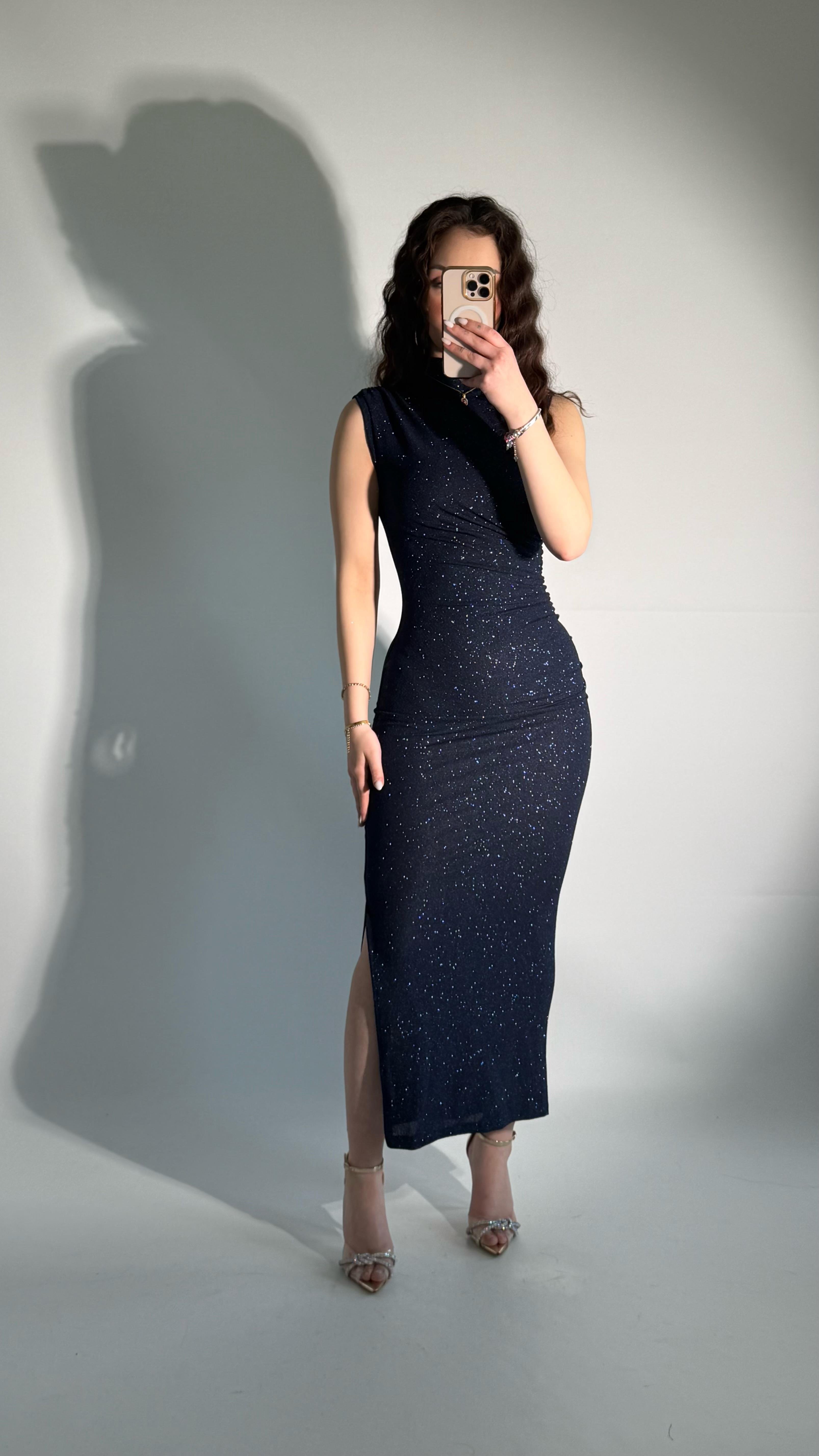 Simli Drapeli Sıfır Kol Elbise Lacivert