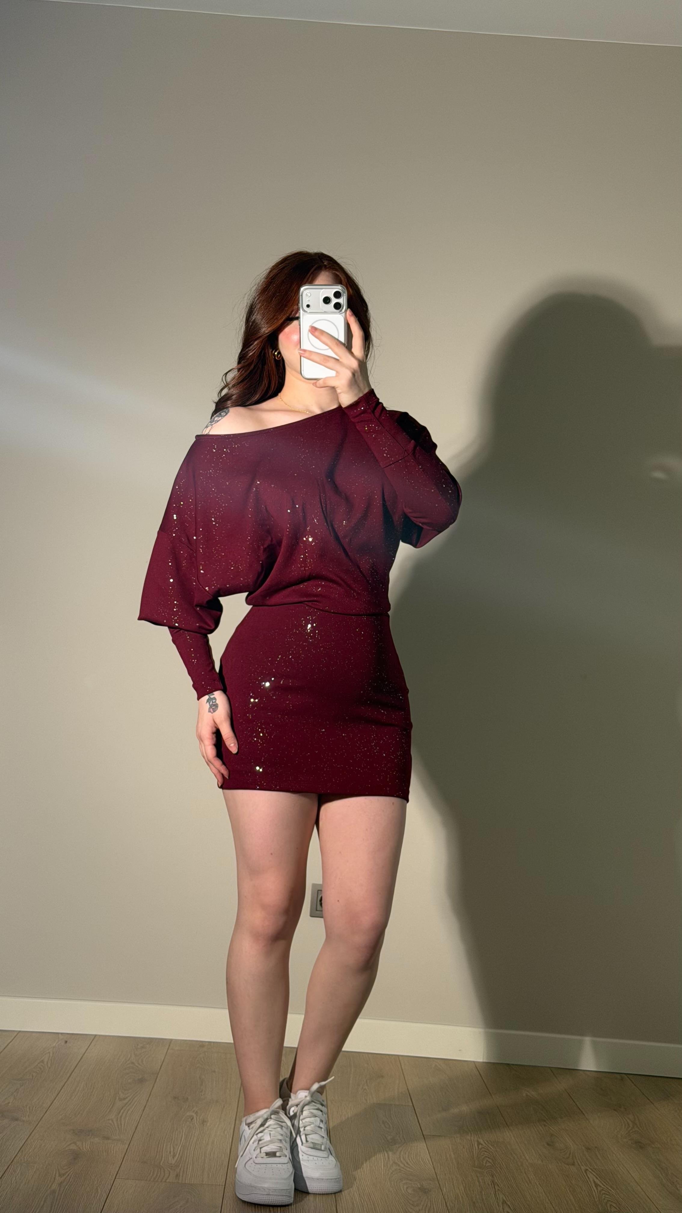 Simli Düşük Omuz Mini Elbise Bordo