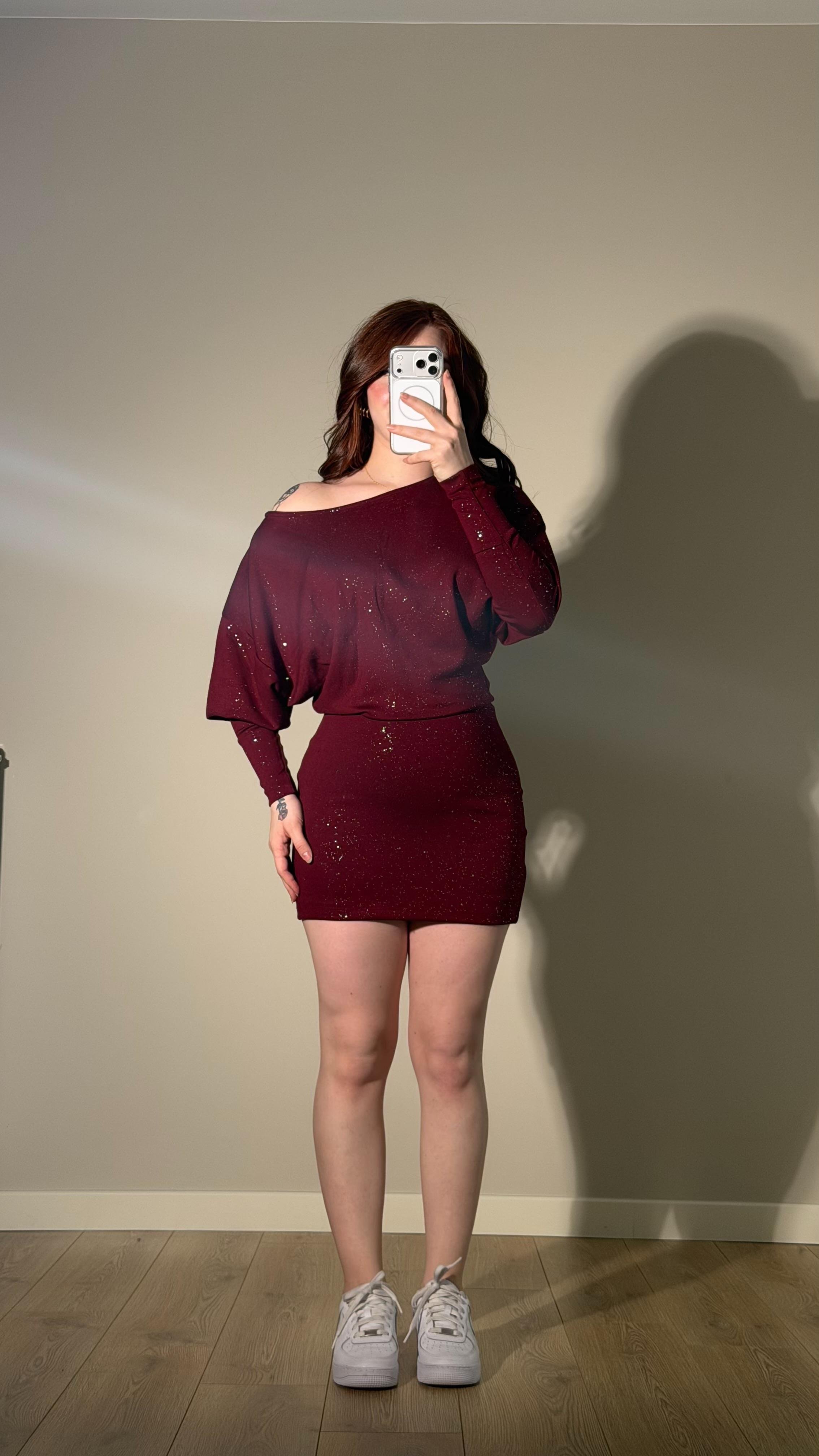 Simli Düşük Omuz Mini Elbise Bordo