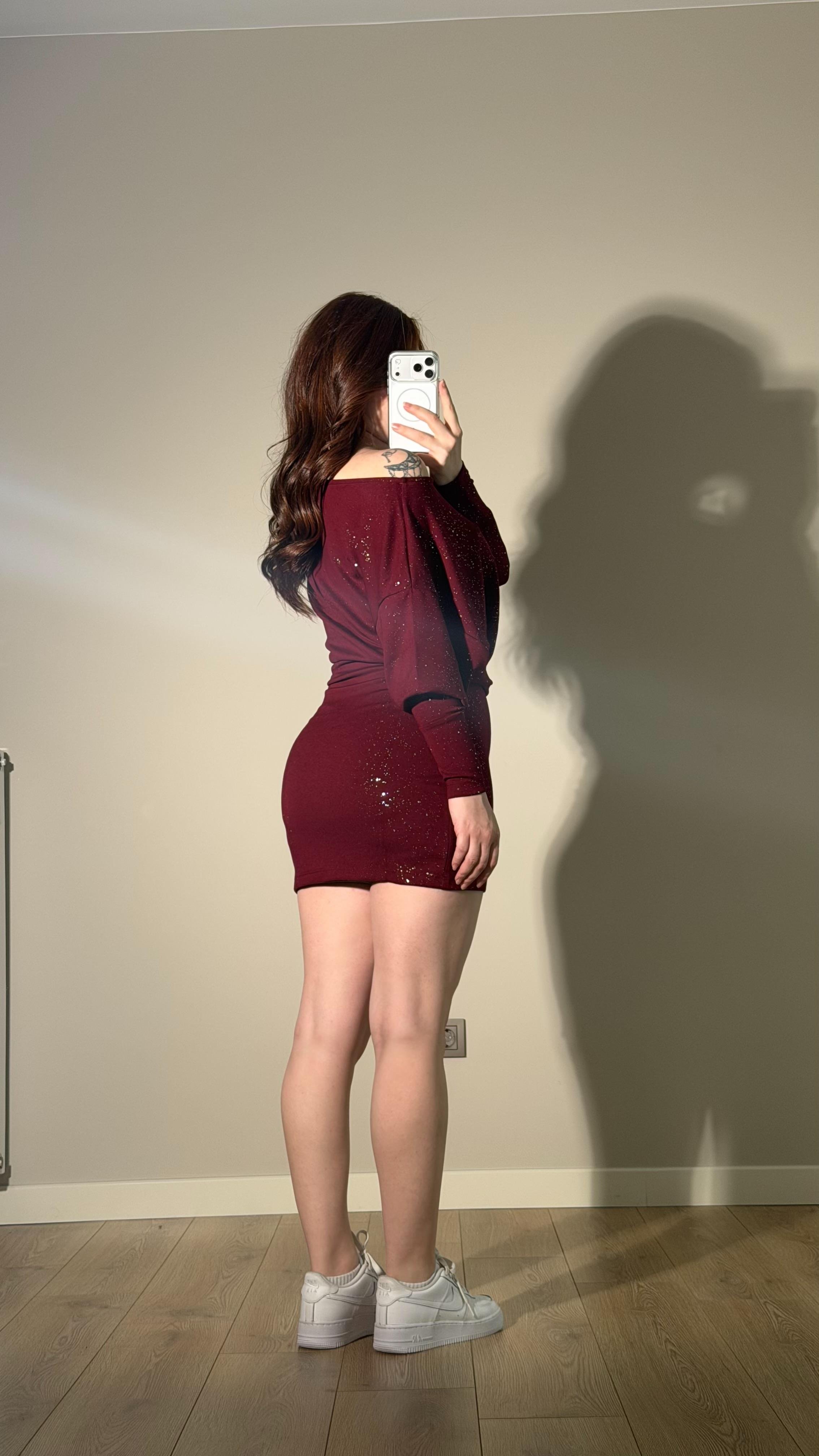 Simli Düşük Omuz Mini Elbise Bordo