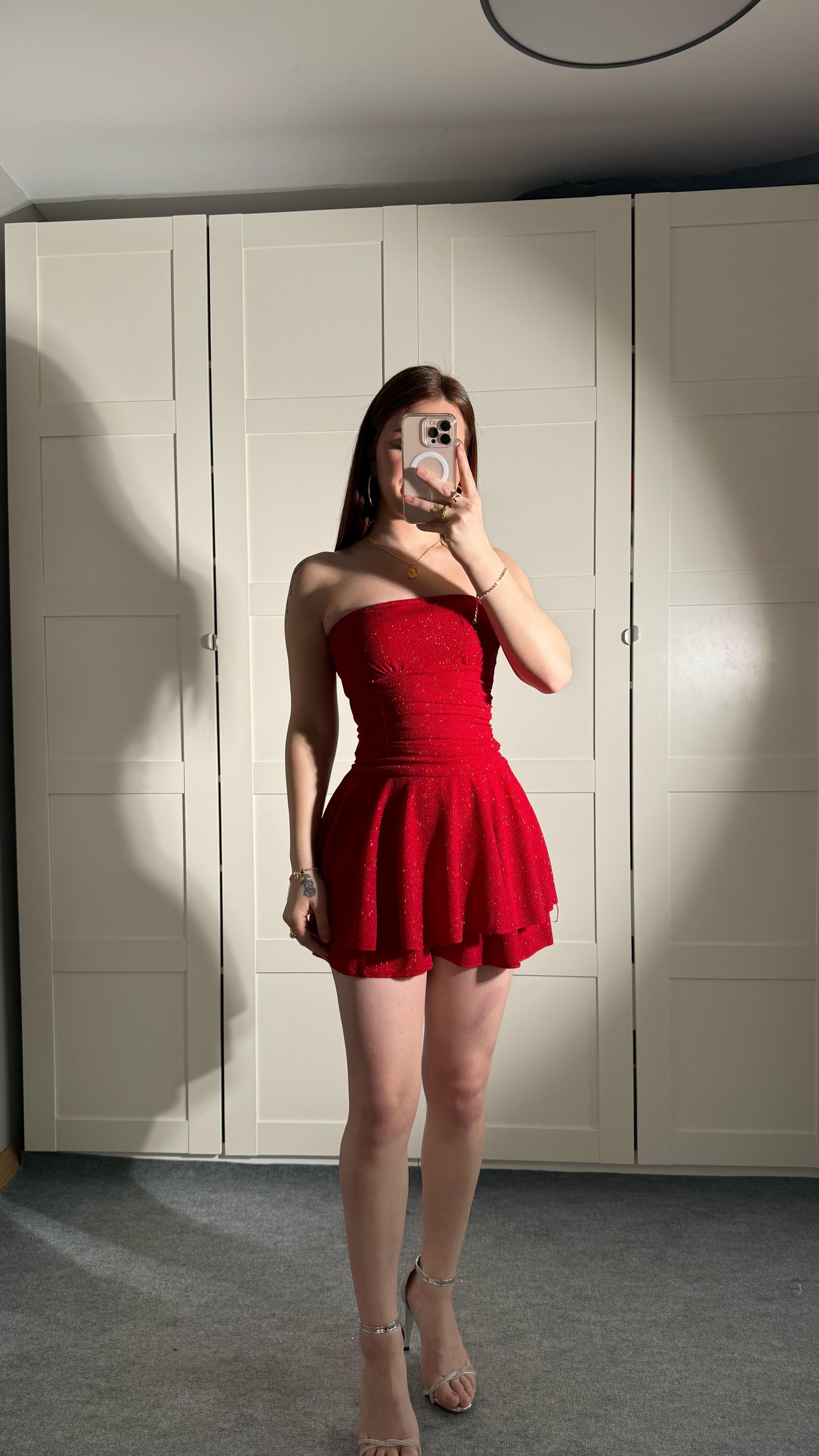 Simli Straplez Şortlu Mini Elbise Kırmızı