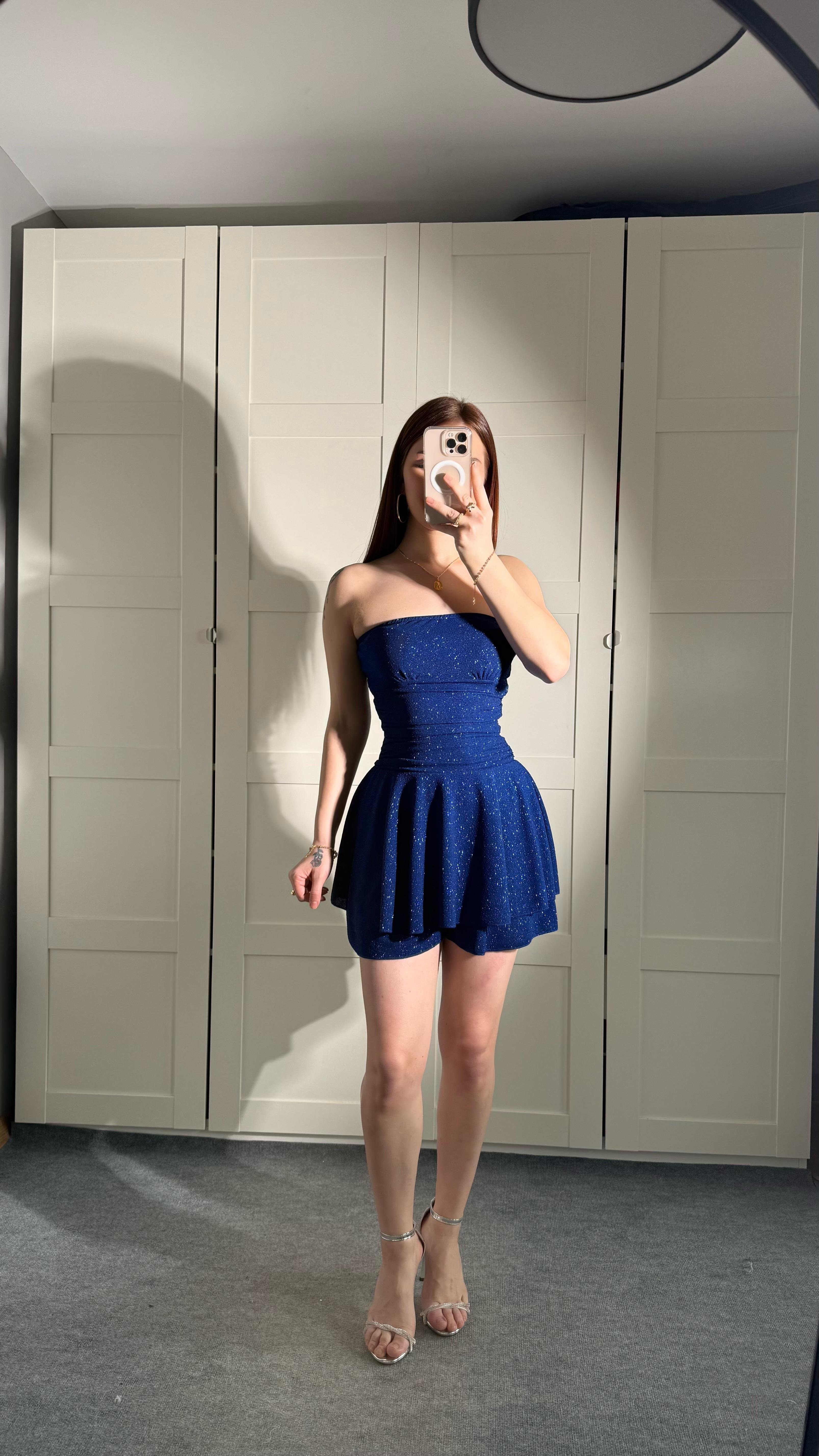Simli Straplez Şortlu Mini Elbise Saks