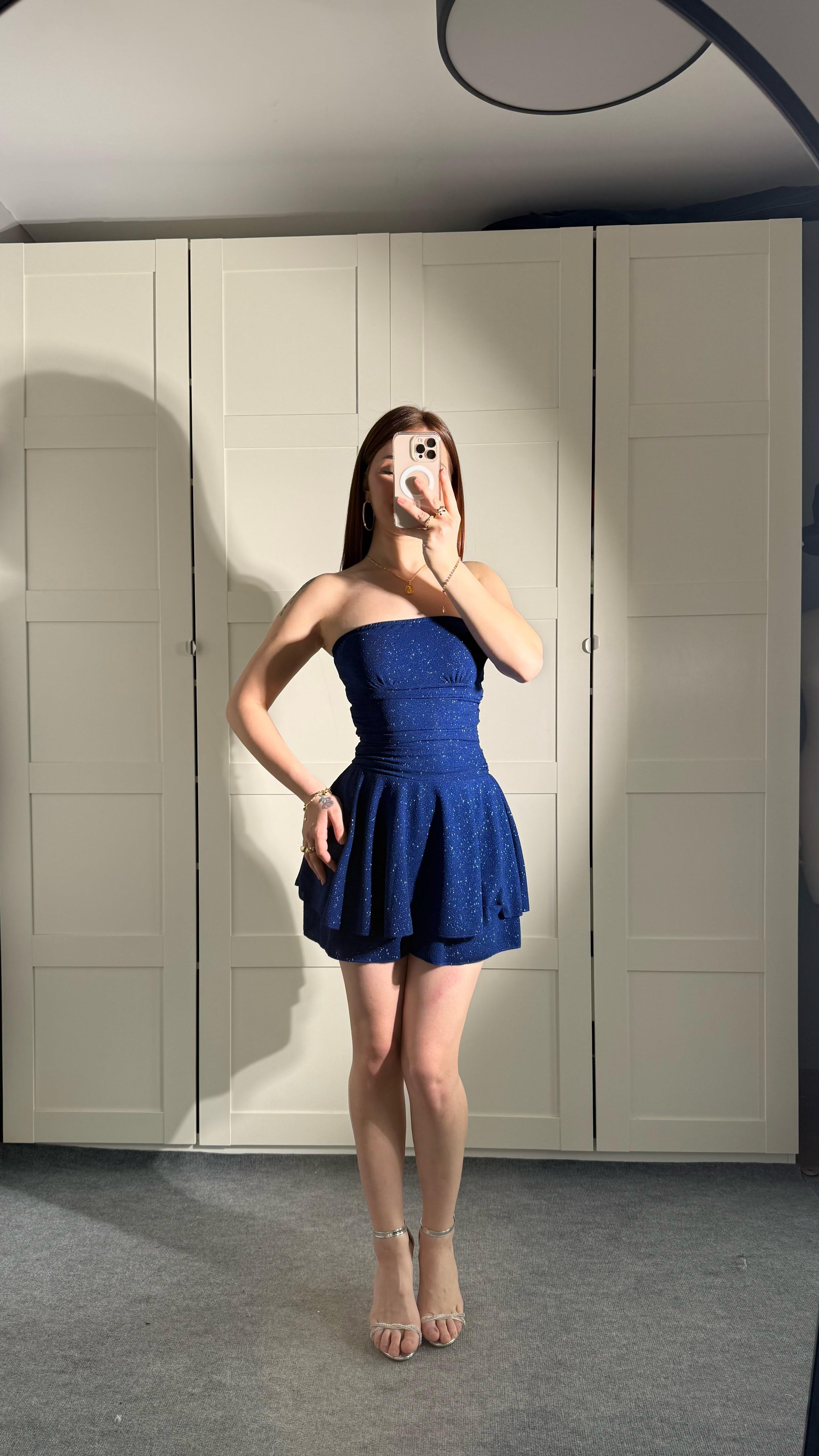 Simli Straplez Şortlu Mini Elbise Saks