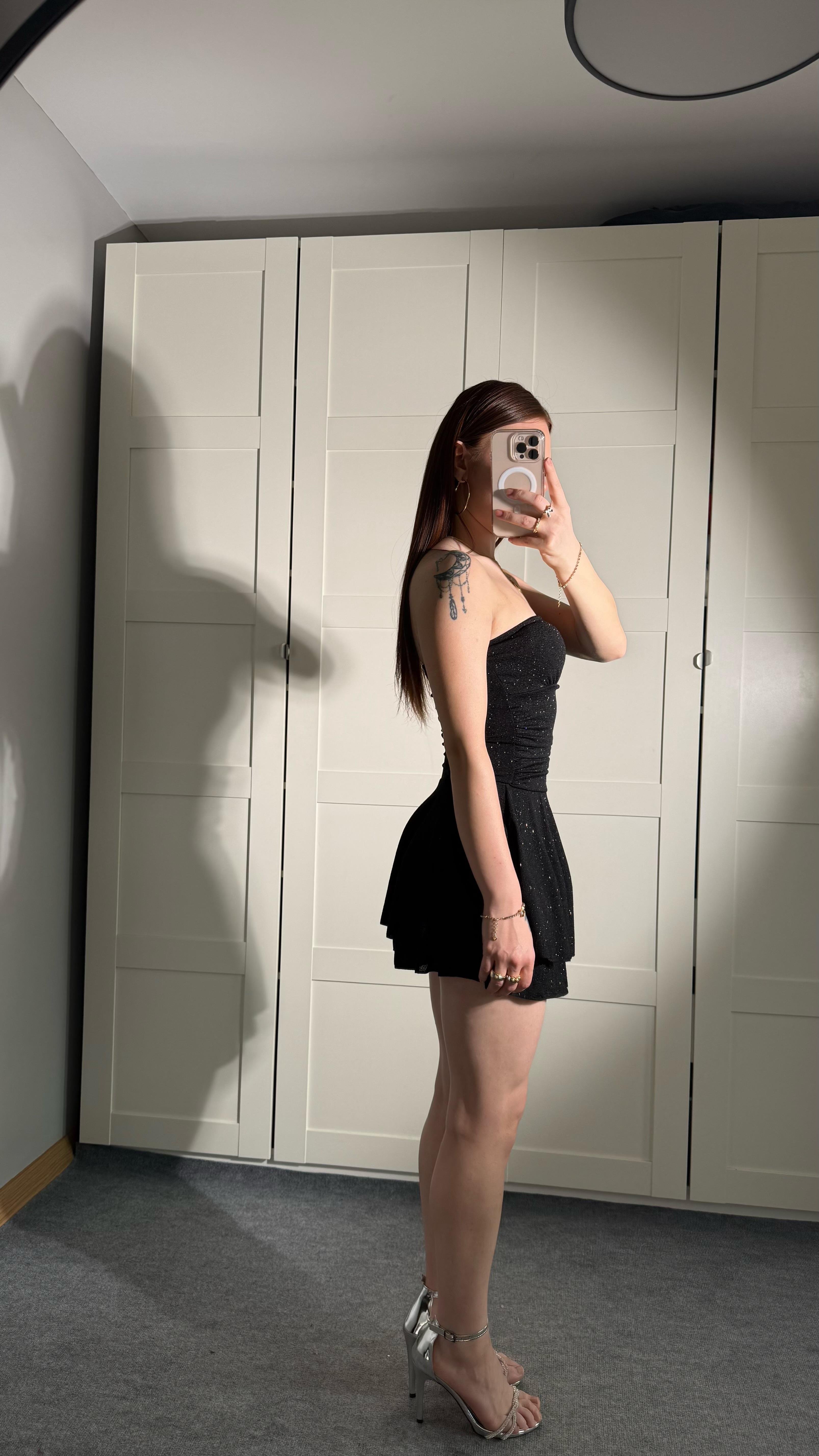 Simli Straplez Şortlu Mini Elbise Siyah