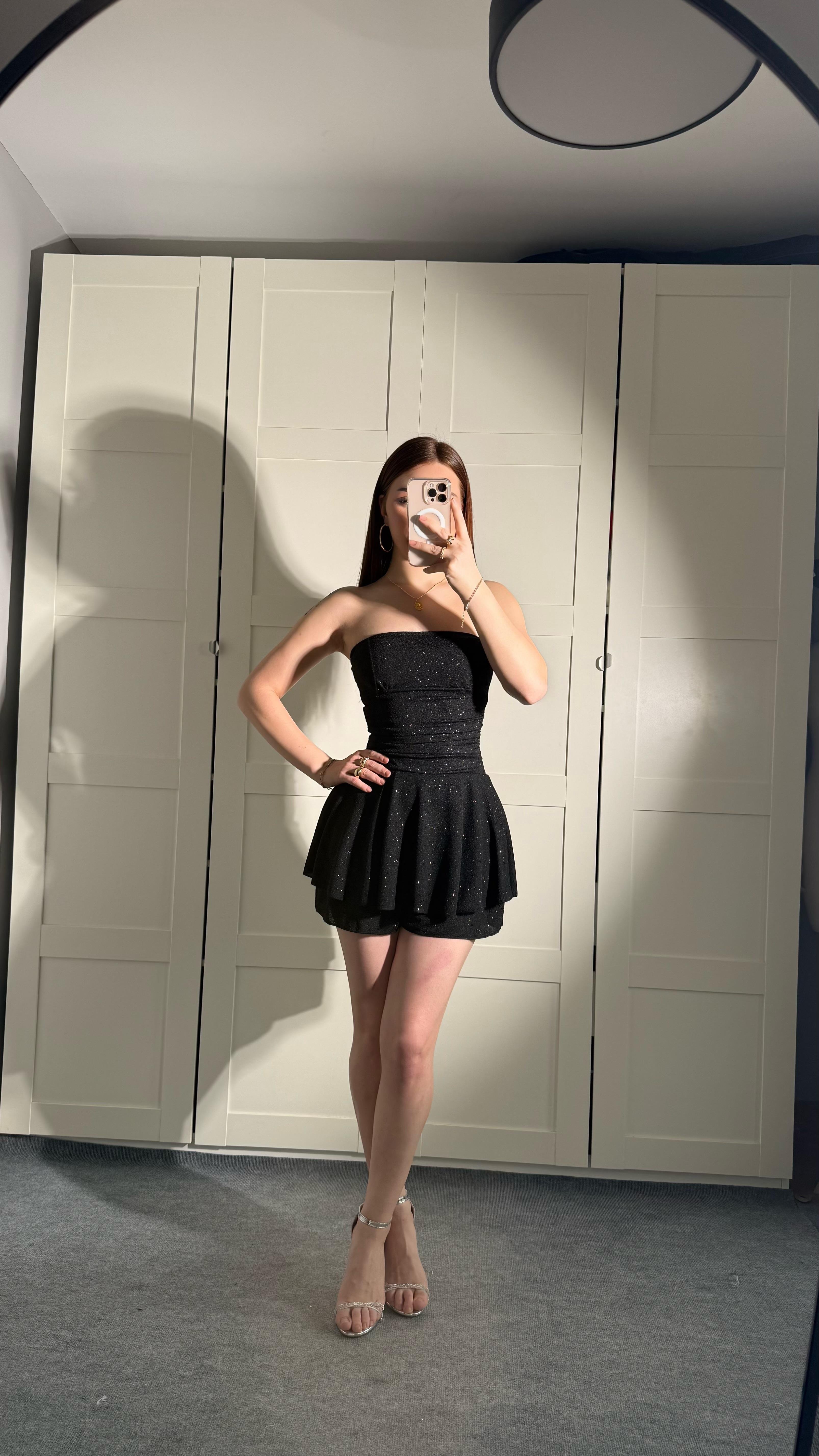 Simli Straplez Şortlu Mini Elbise Siyah