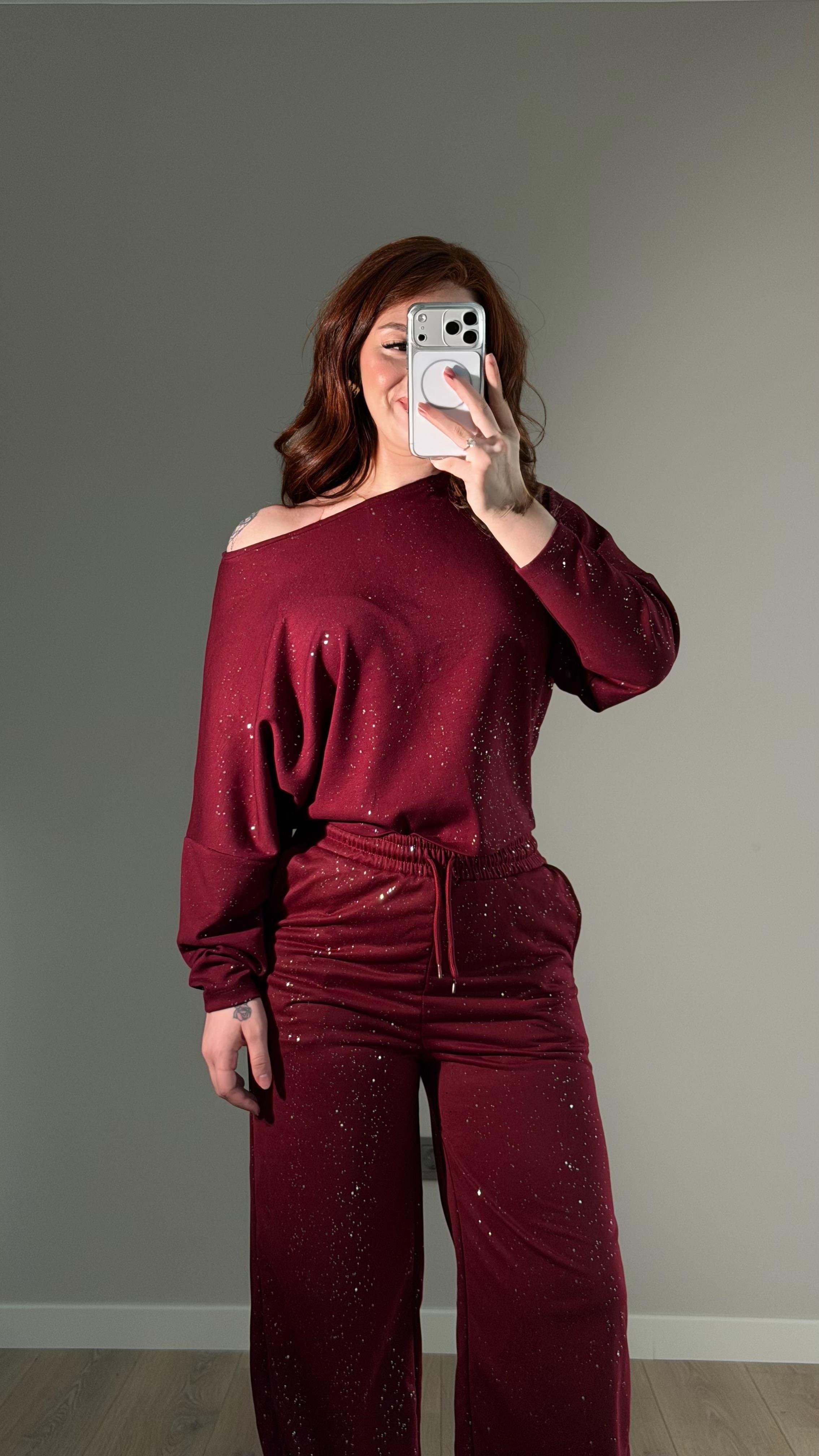 Simli Yarasa Kol Bluz Bordo 