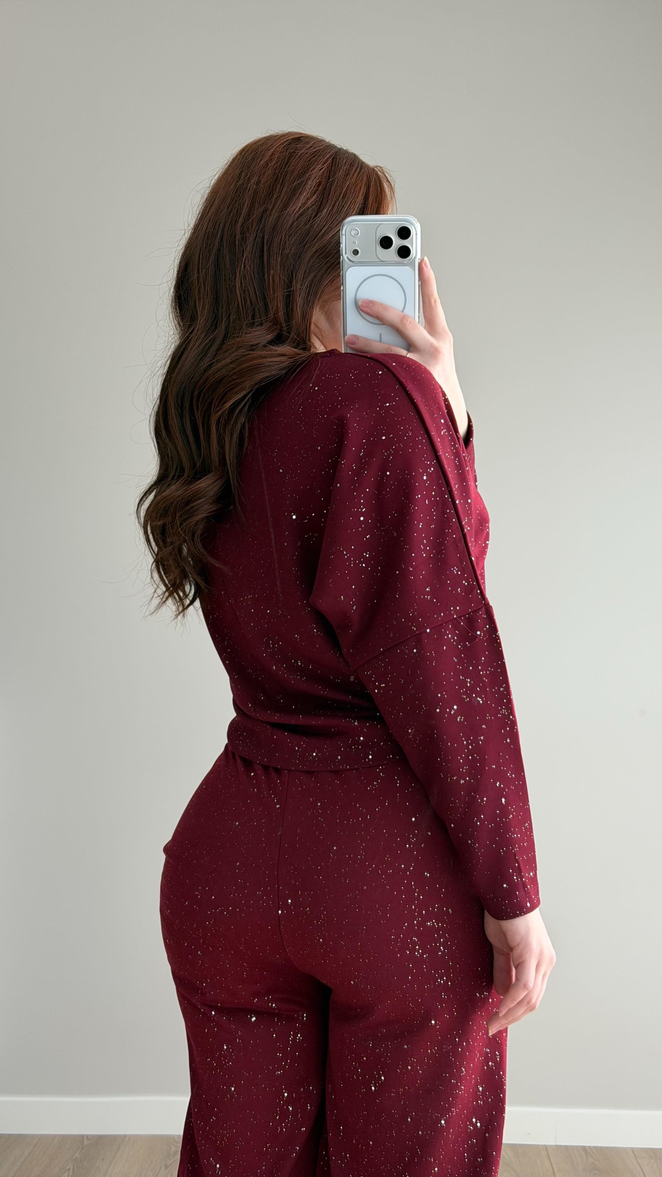 Simli Yarasa Kol Bluz Bordo 