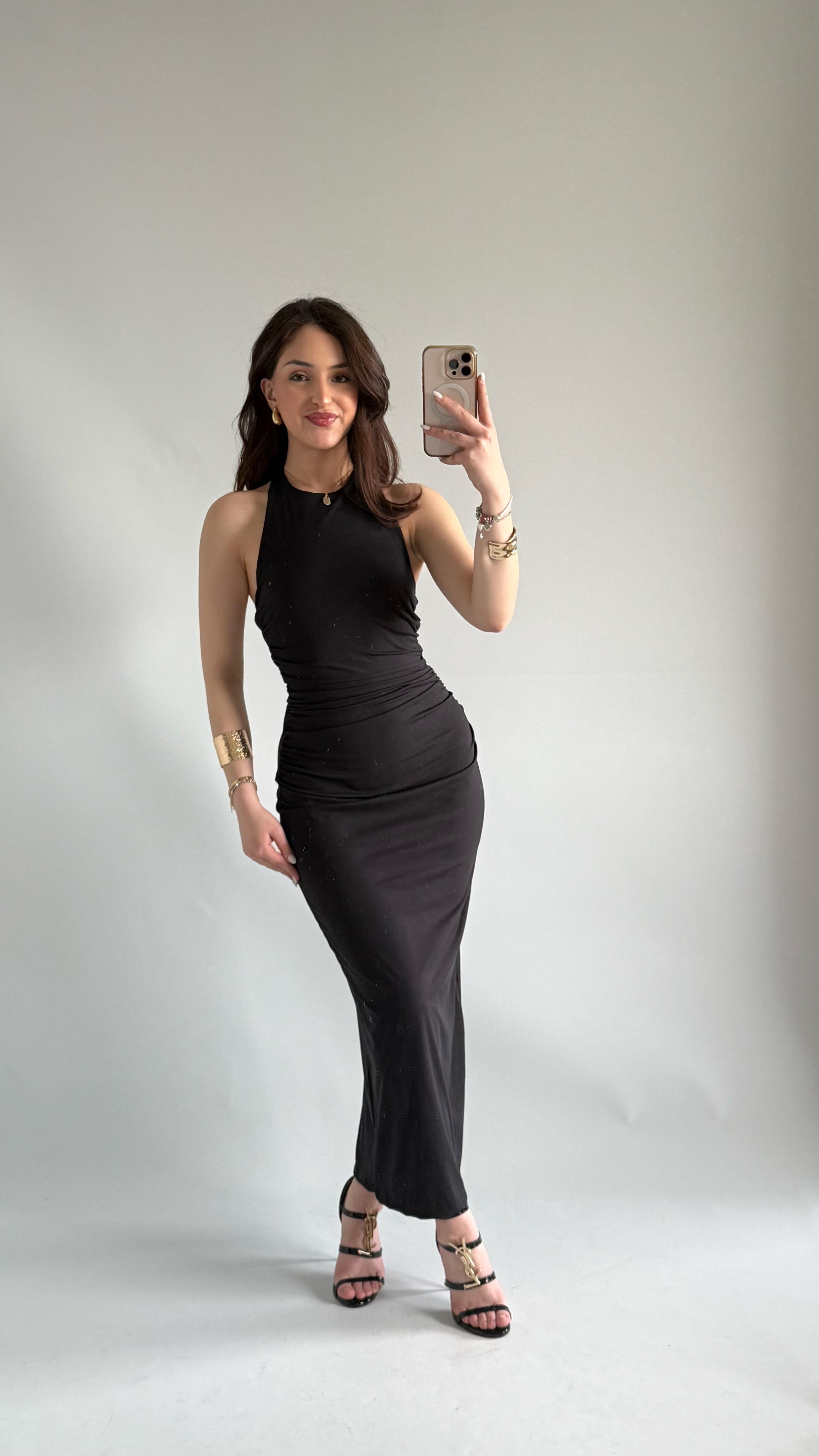 Sırt Dekolte Büzgü Model Elbise Siyah